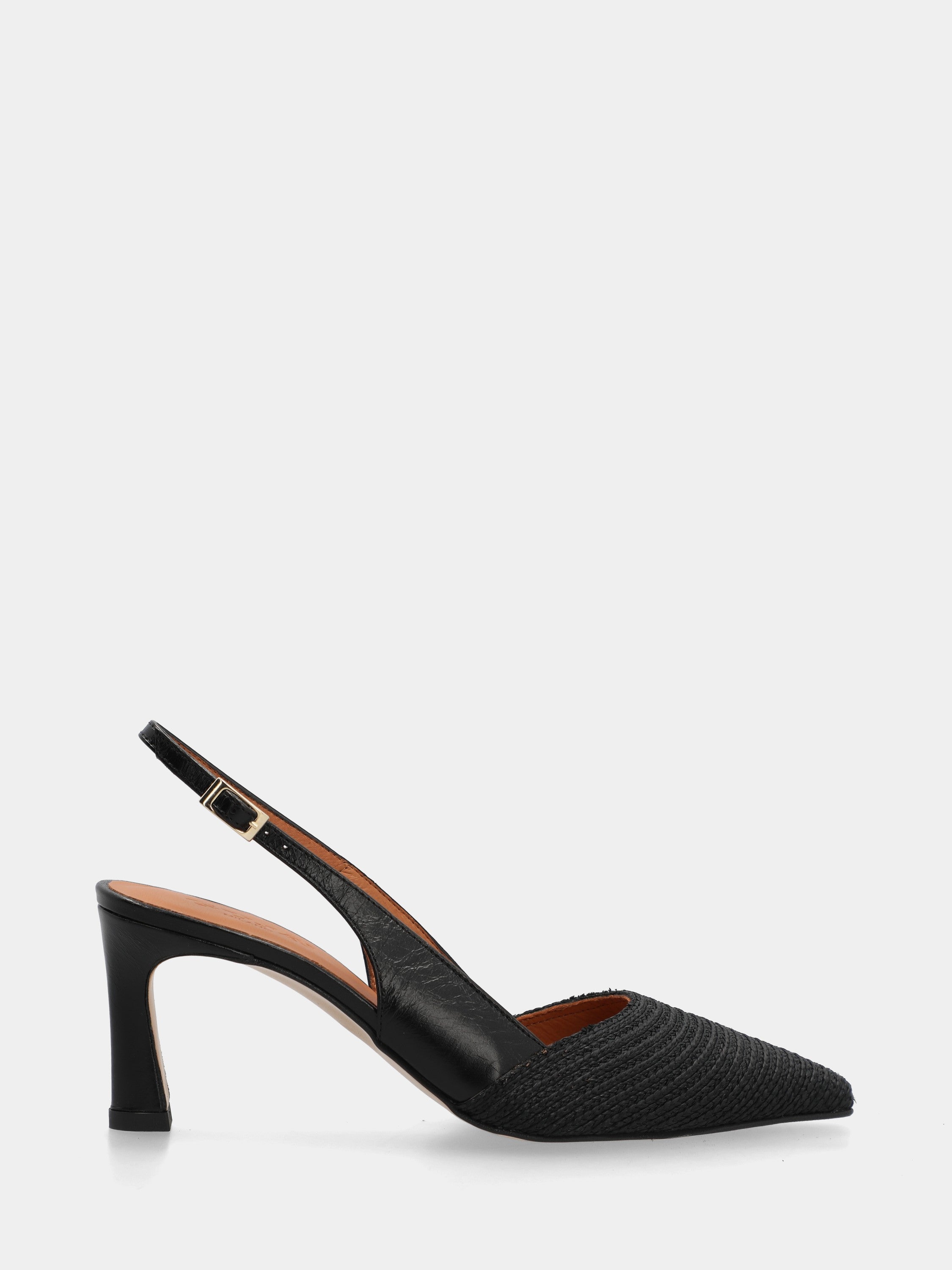 Slingback en raphia et nappa noir avec talon aiguille