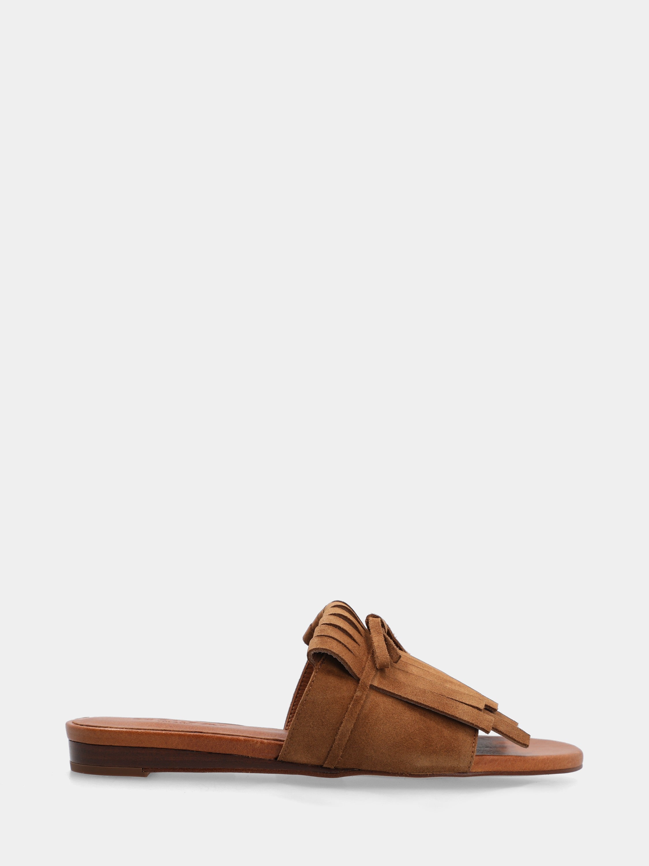 Mule en suède couleur cuir avec plateforme compensée et double frange