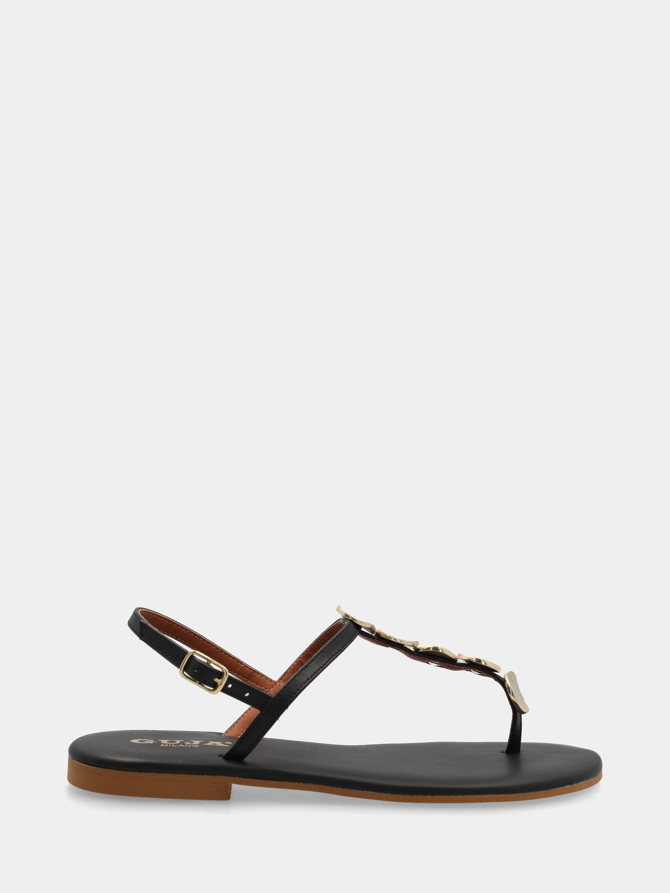 Infradito in vitello nero con placchette metalliche e suola flat