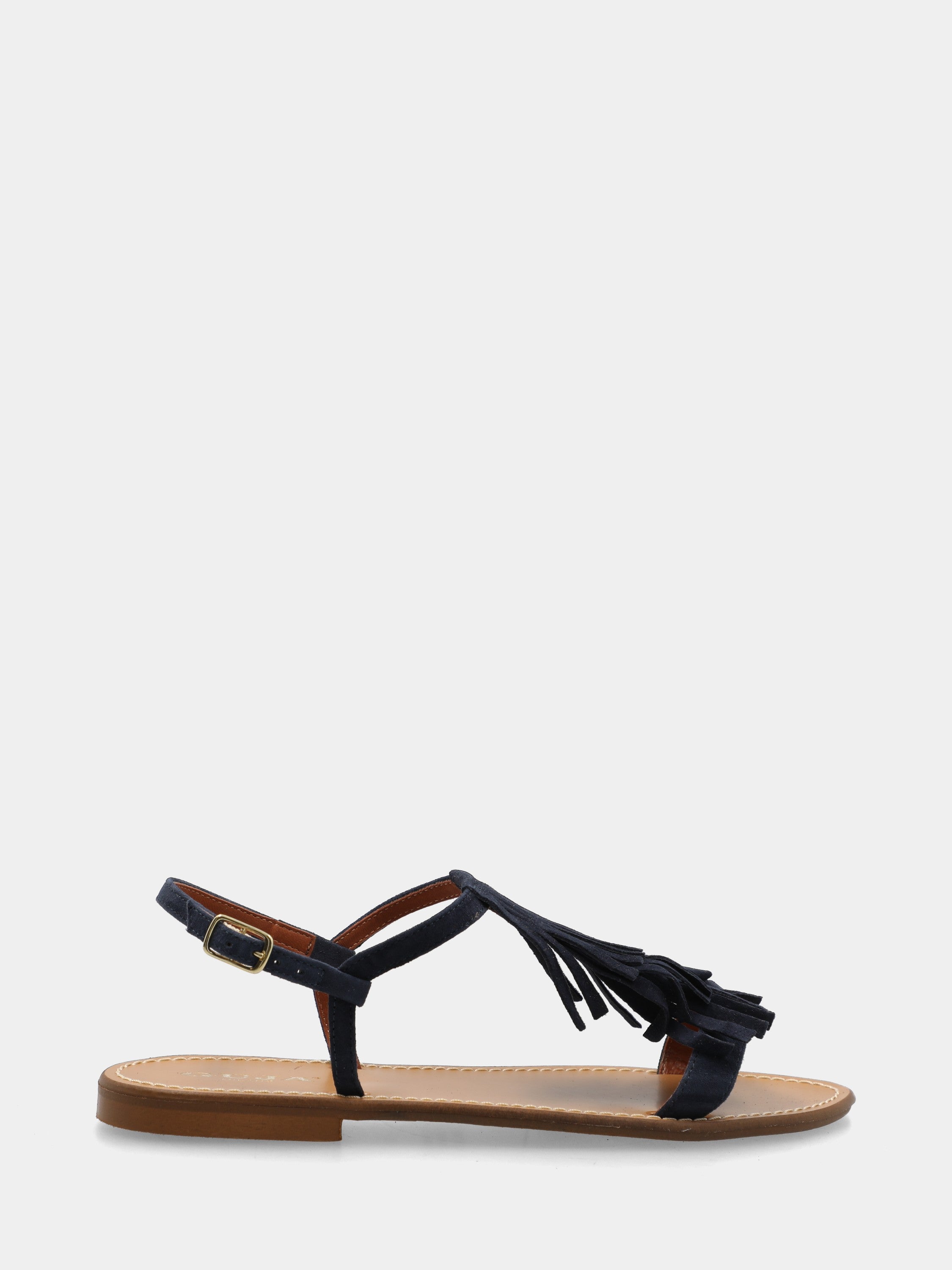 Sandalo flat in camoscio blu con frange sul collo del piede