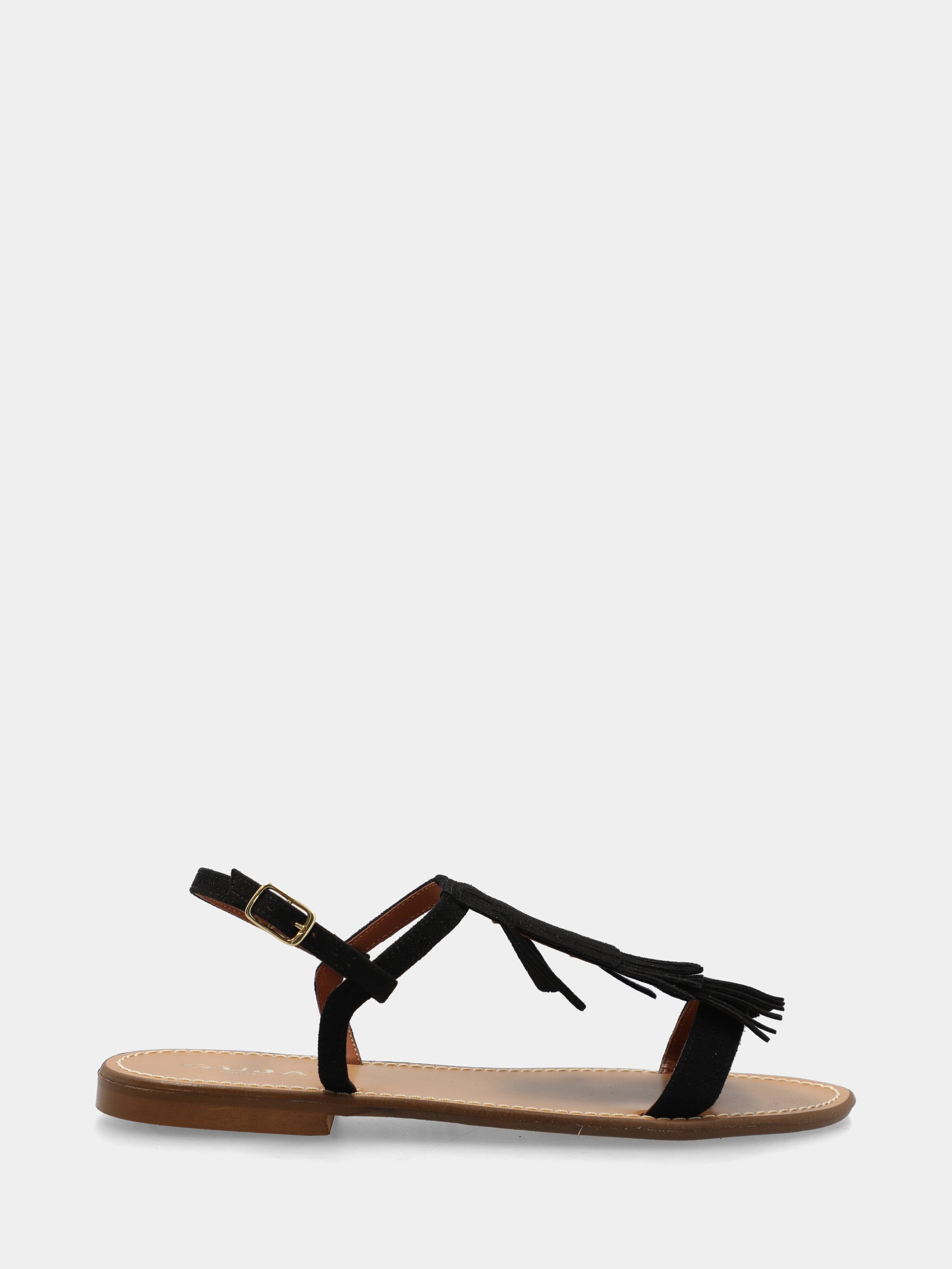 Sandalo flat in camoscio nero con frange sul collo del piede