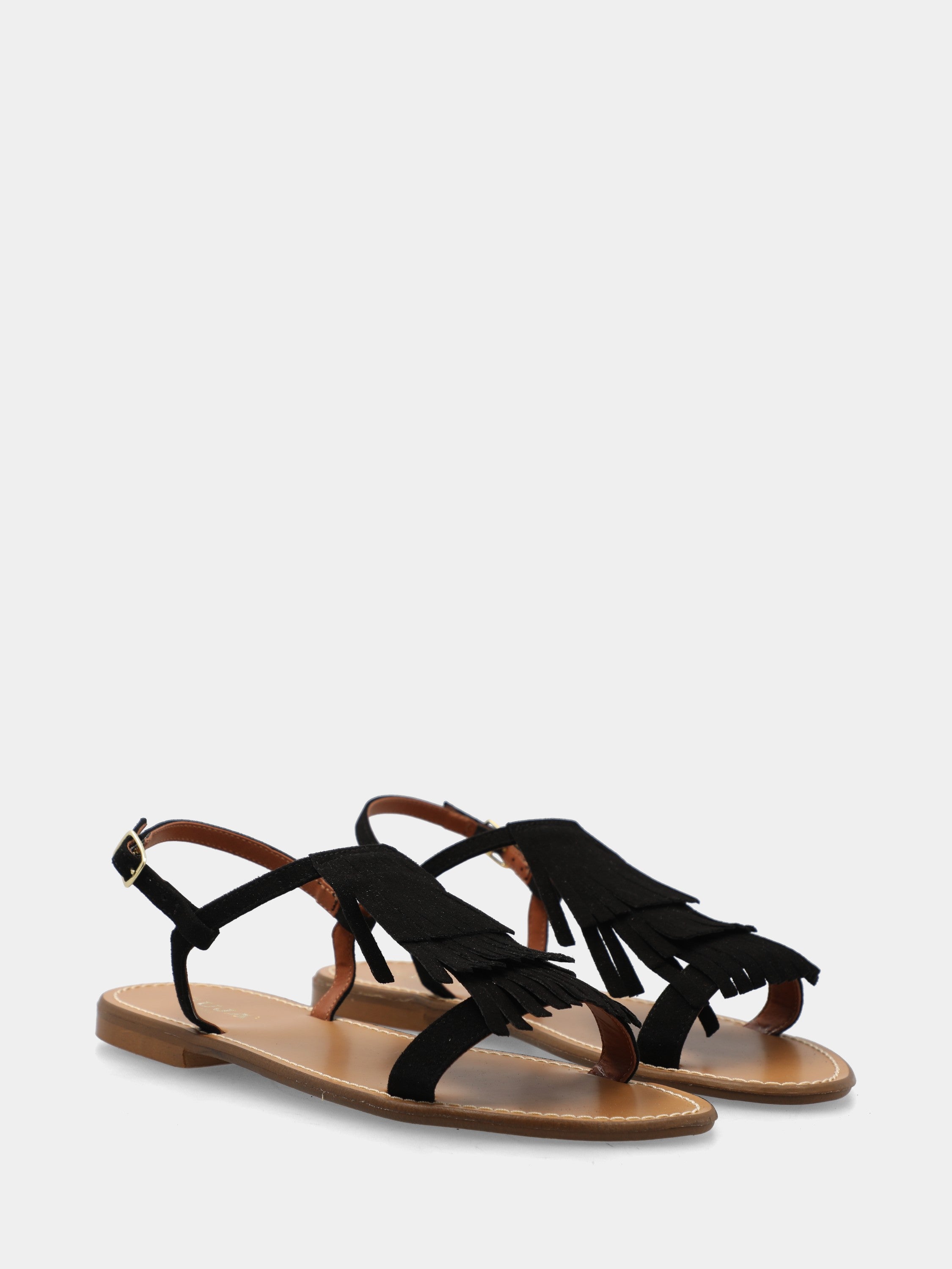 Sandalo flat in camoscio nero con frange sul collo del piede