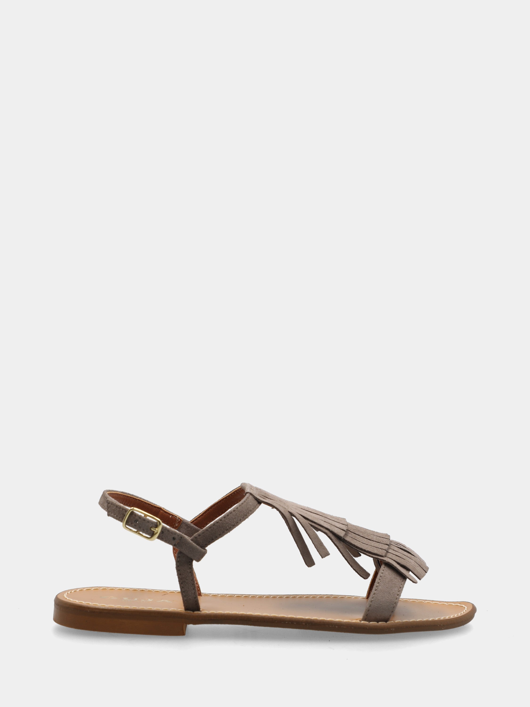 Sandalo flat in camoscio taupe con frange sul collo del piede