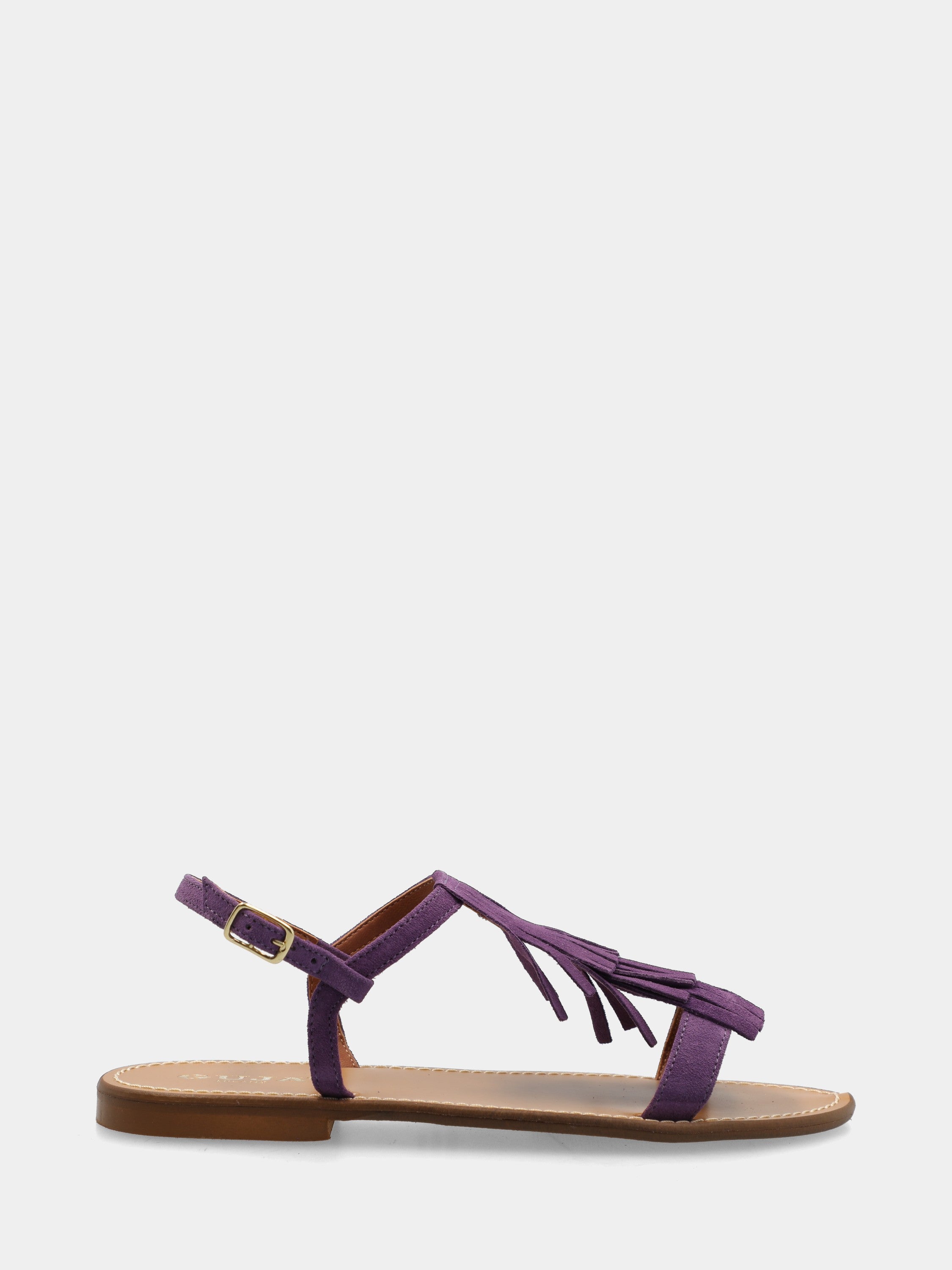 Sandalo flat in camoscio viola con frange sul collo del piede