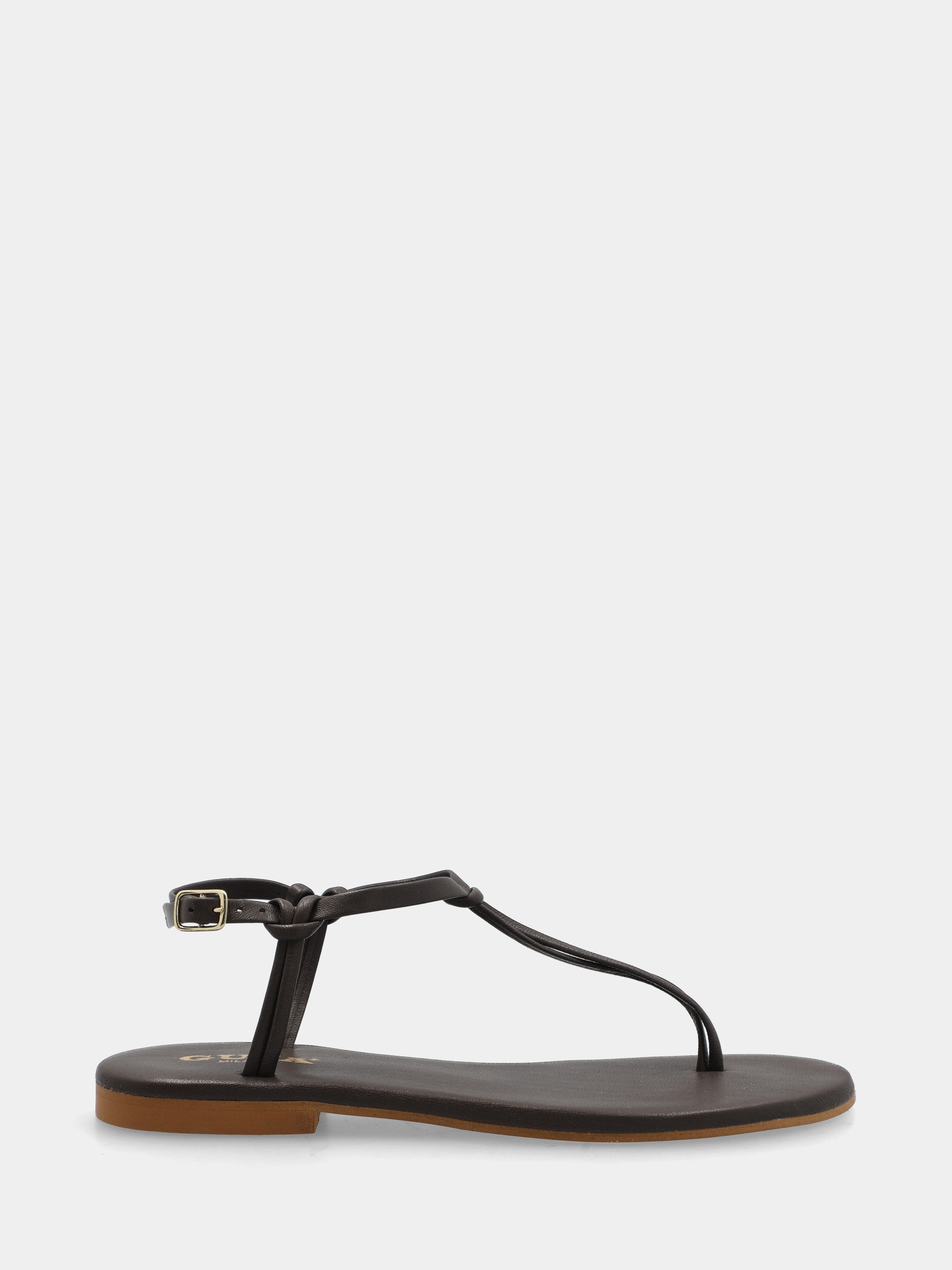 Dark brown nappa leather flip-flops with tubular laces and ankle strap