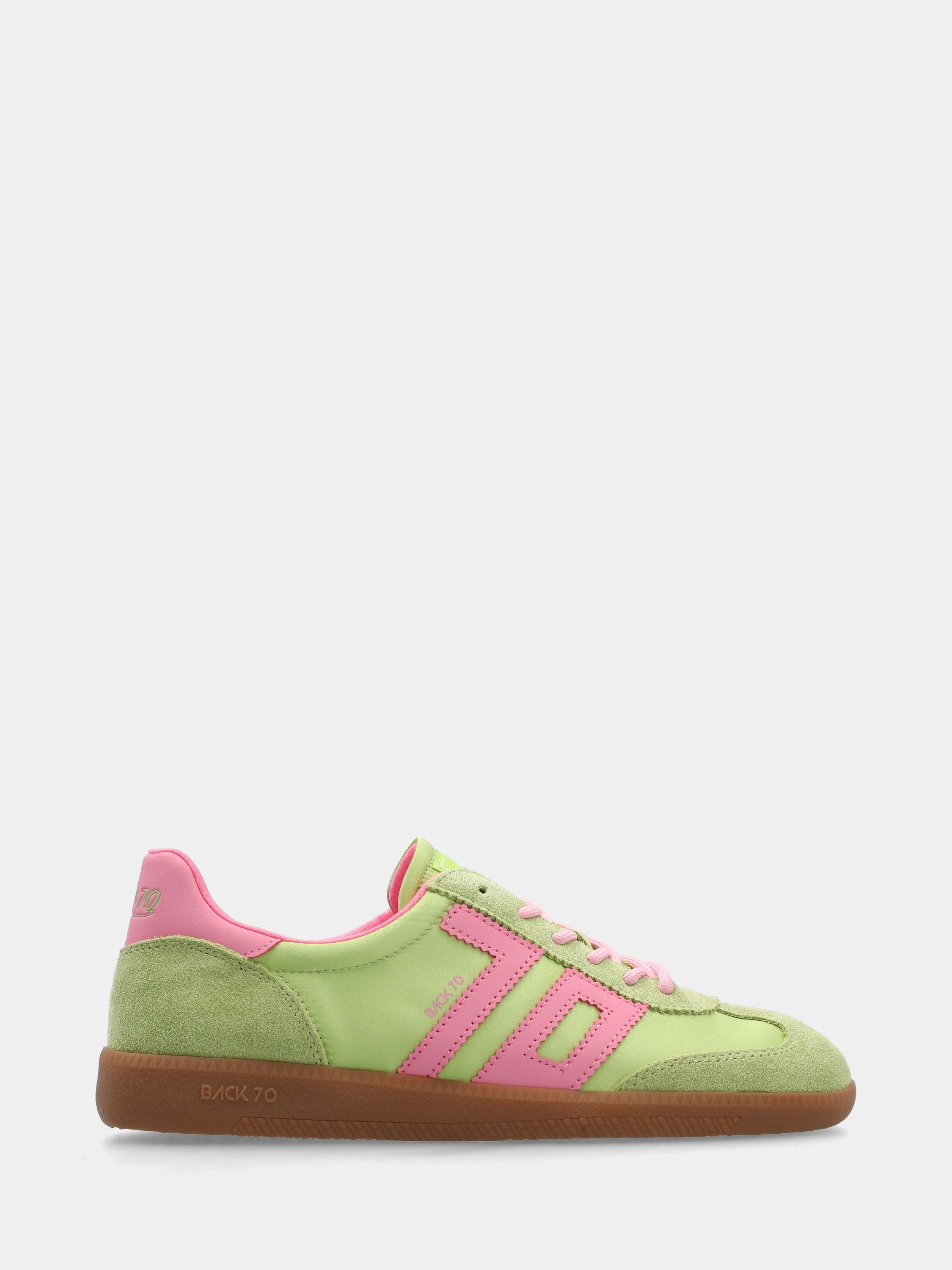 Sneaker in camoscio e satin verde e rosa con suola in gomma