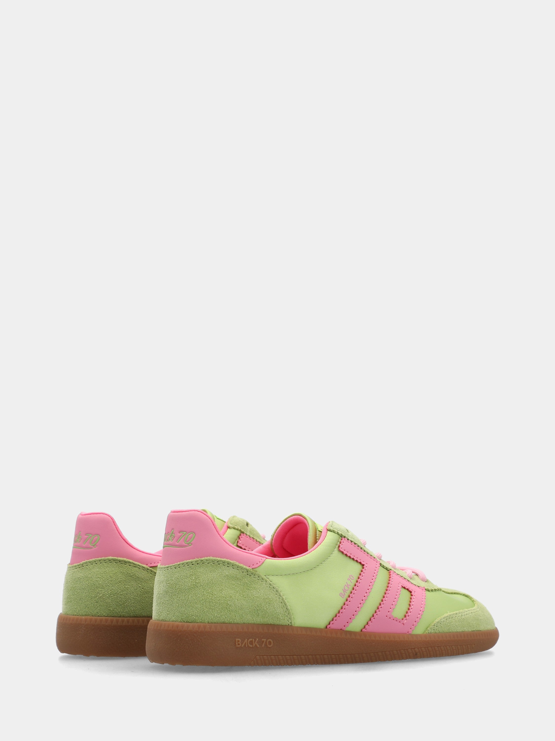 Sneaker in camoscio e satin verde e rosa con suola in gomma