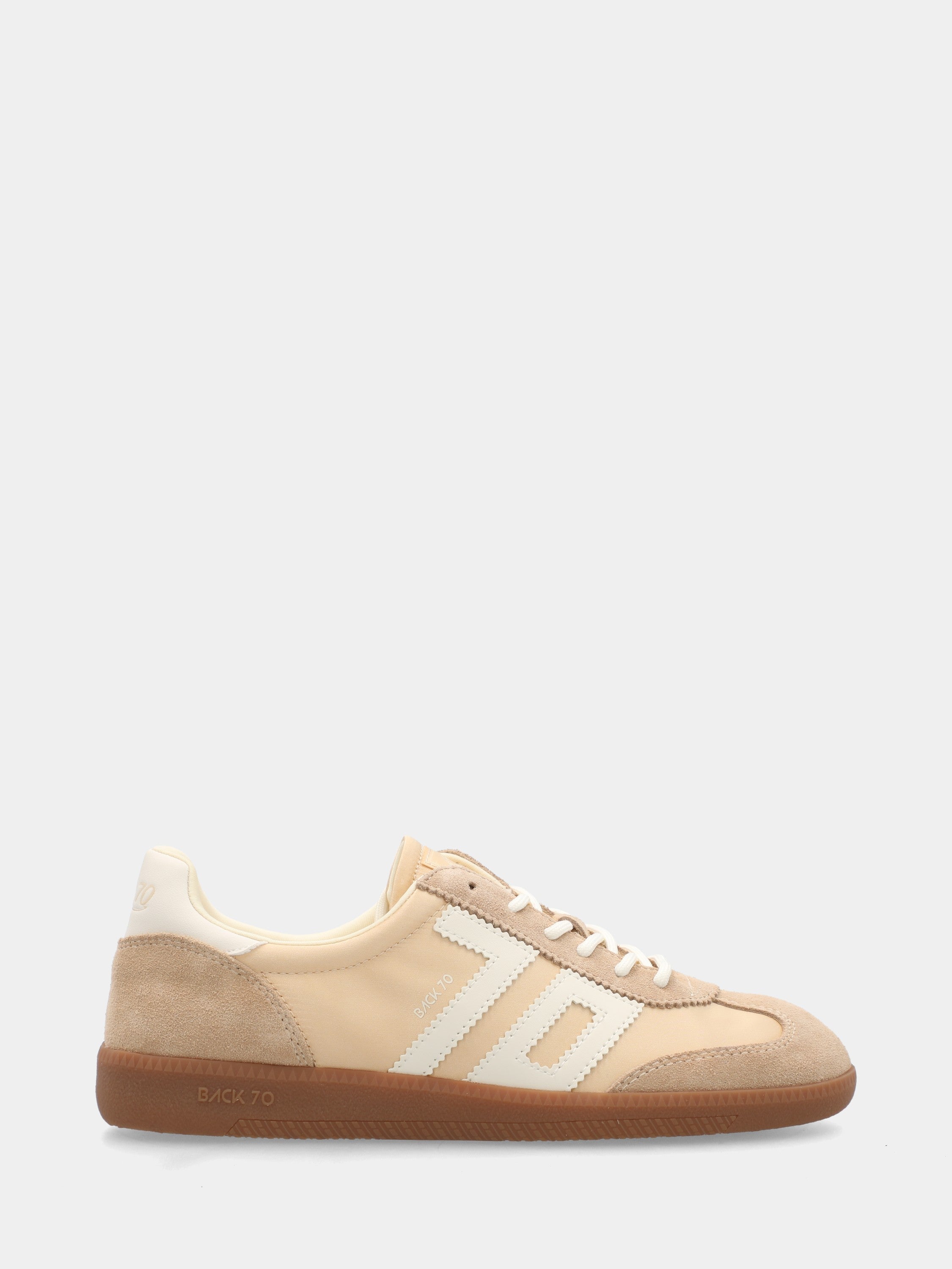 Sneaker in camoscio e satin beige e bianco con suola in gomma