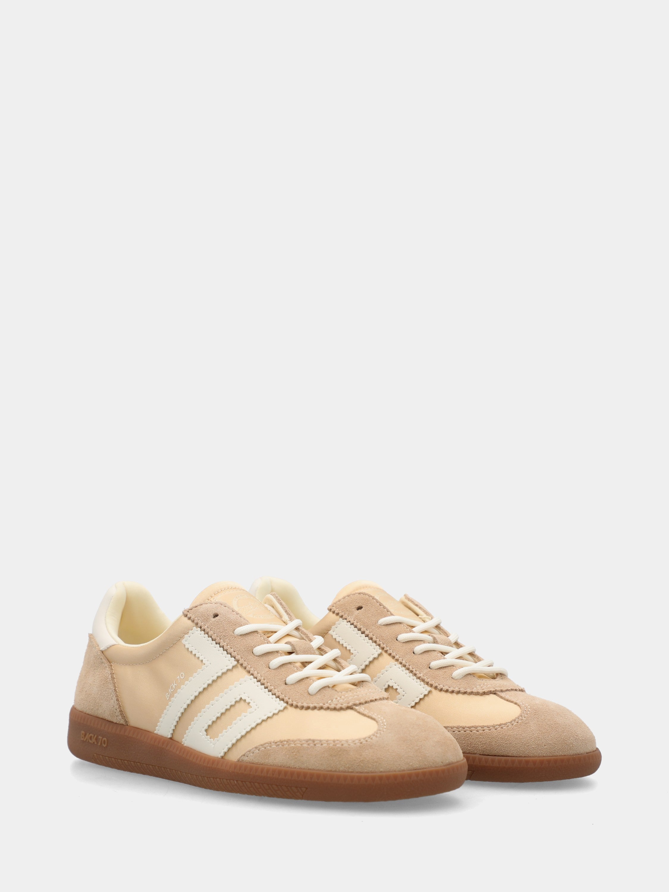 Sneaker in camoscio e satin beige e bianco con suola in gomma
