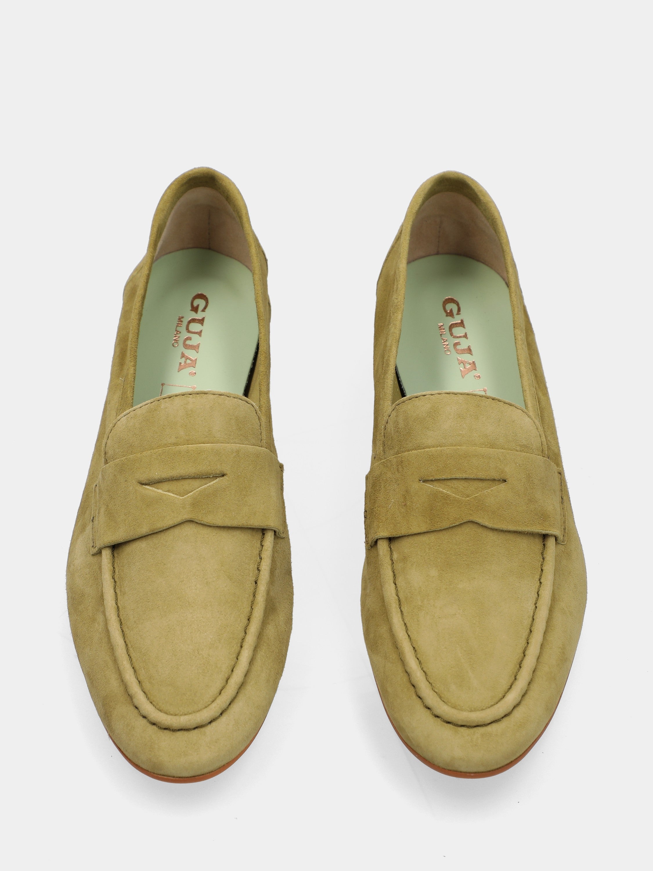 Mocassin en suède vert avec masque bouche de lion