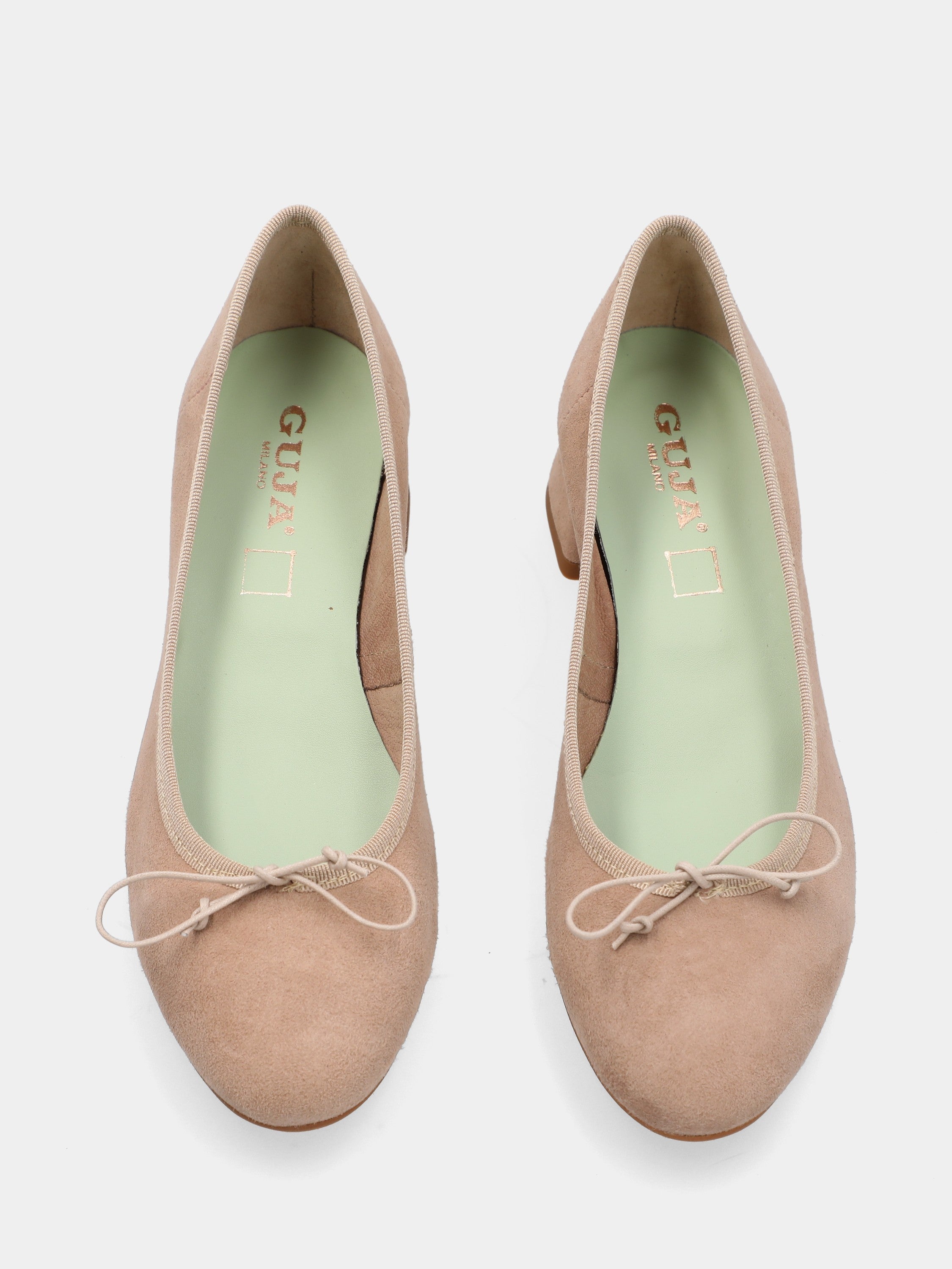 Beige suede ballet flat with strap and round toe