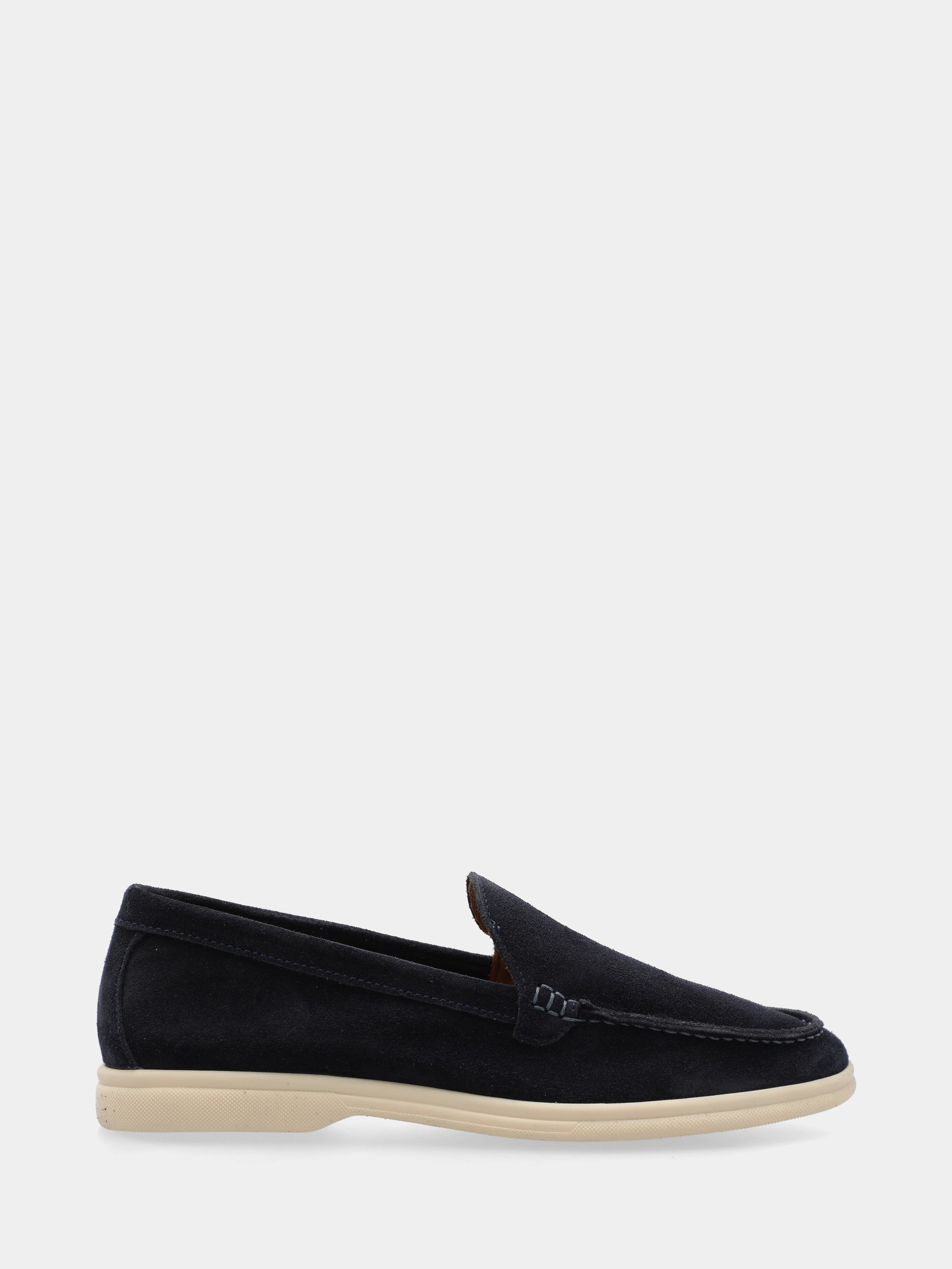 Blue suede flat moccasin with Adler stitching