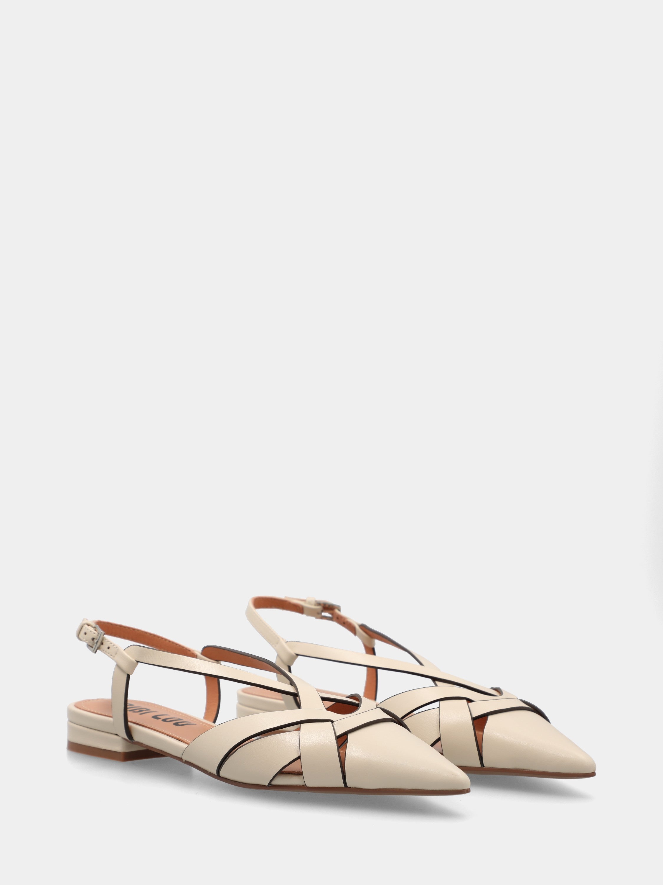 Ivory calf leather slingbacks with crossed straps and pointed toe