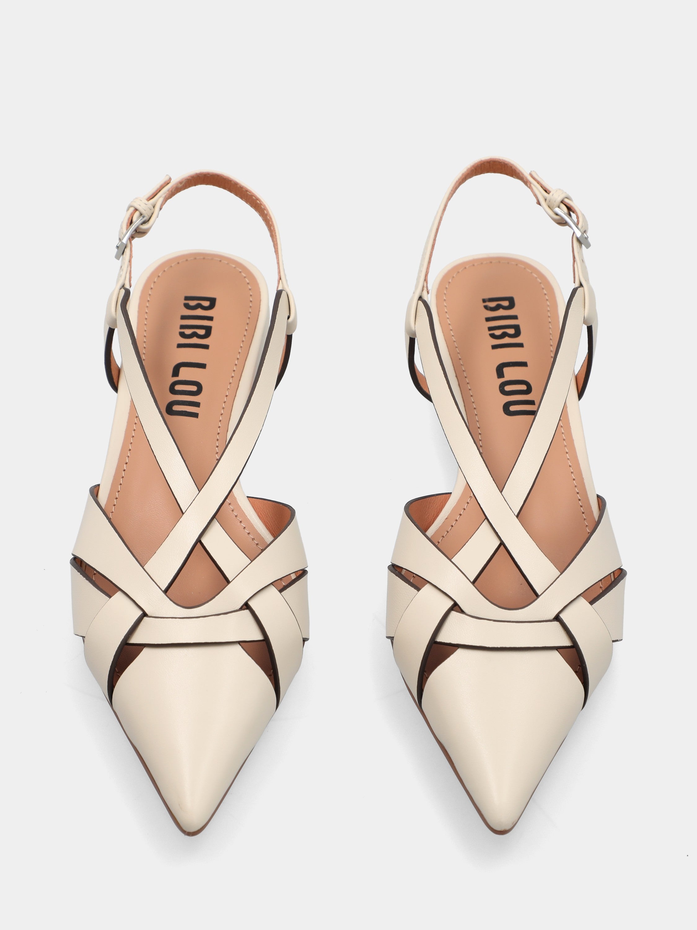 Ivory calf leather slingbacks with crossed straps and pointed toe