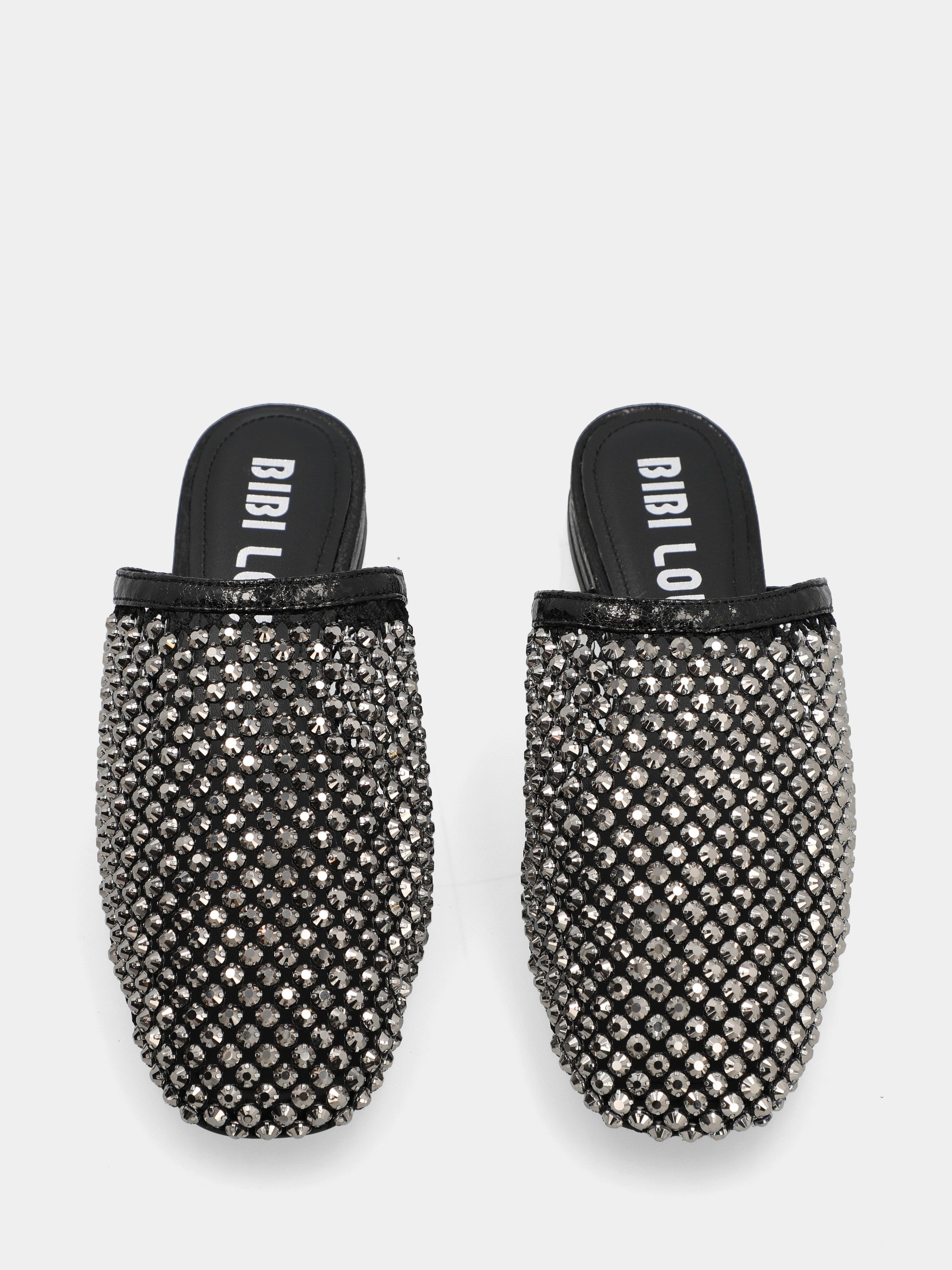 Black patent leather clog with mesh and crystals