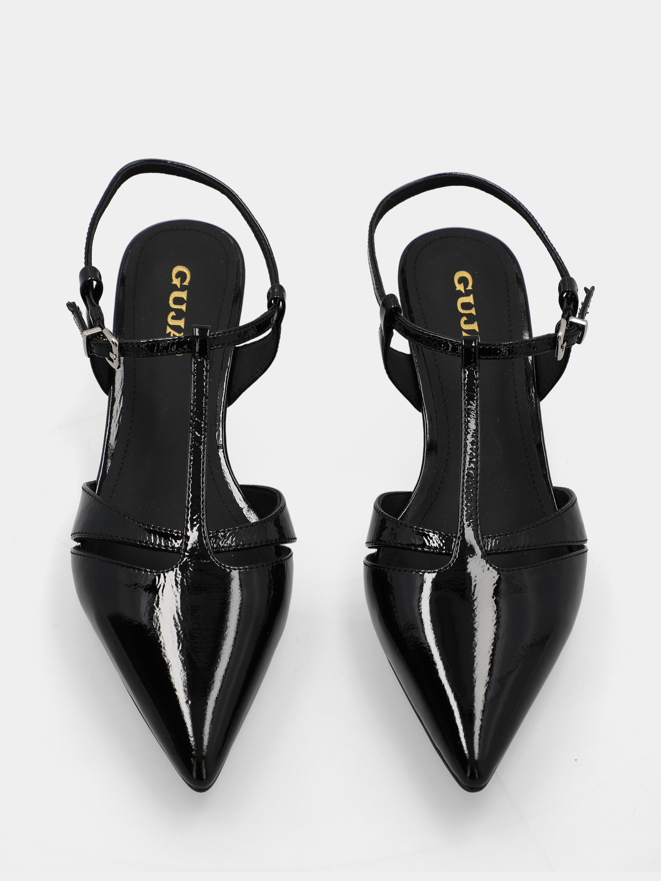 Slingback aus glänzender Samt in Schwarz mit Kelchabsatz und durchbrochenem Charleston-Obermaterial