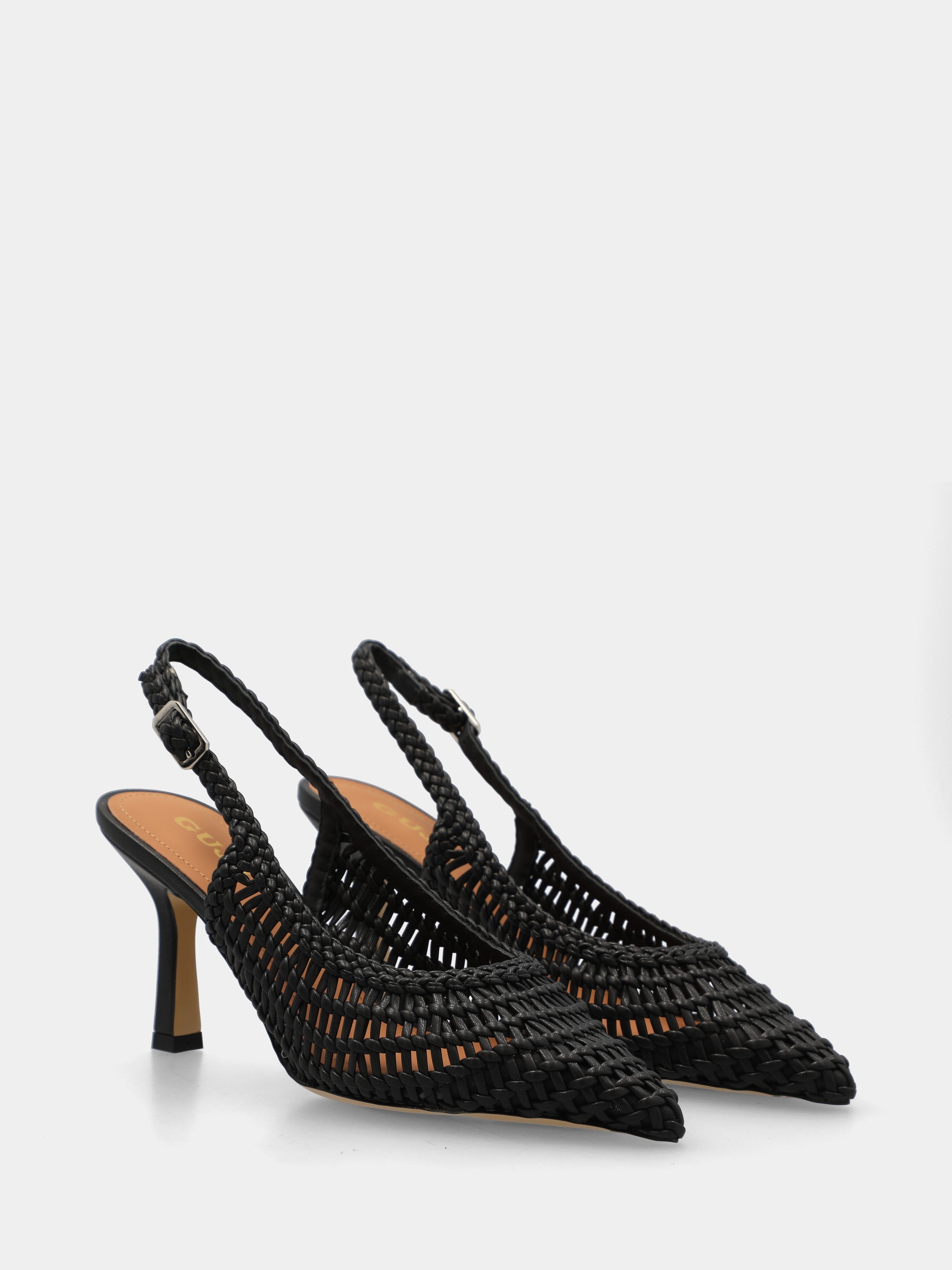 Slingback aus schwarzem Kunstleder, geflochten, mit hohlem Absatz