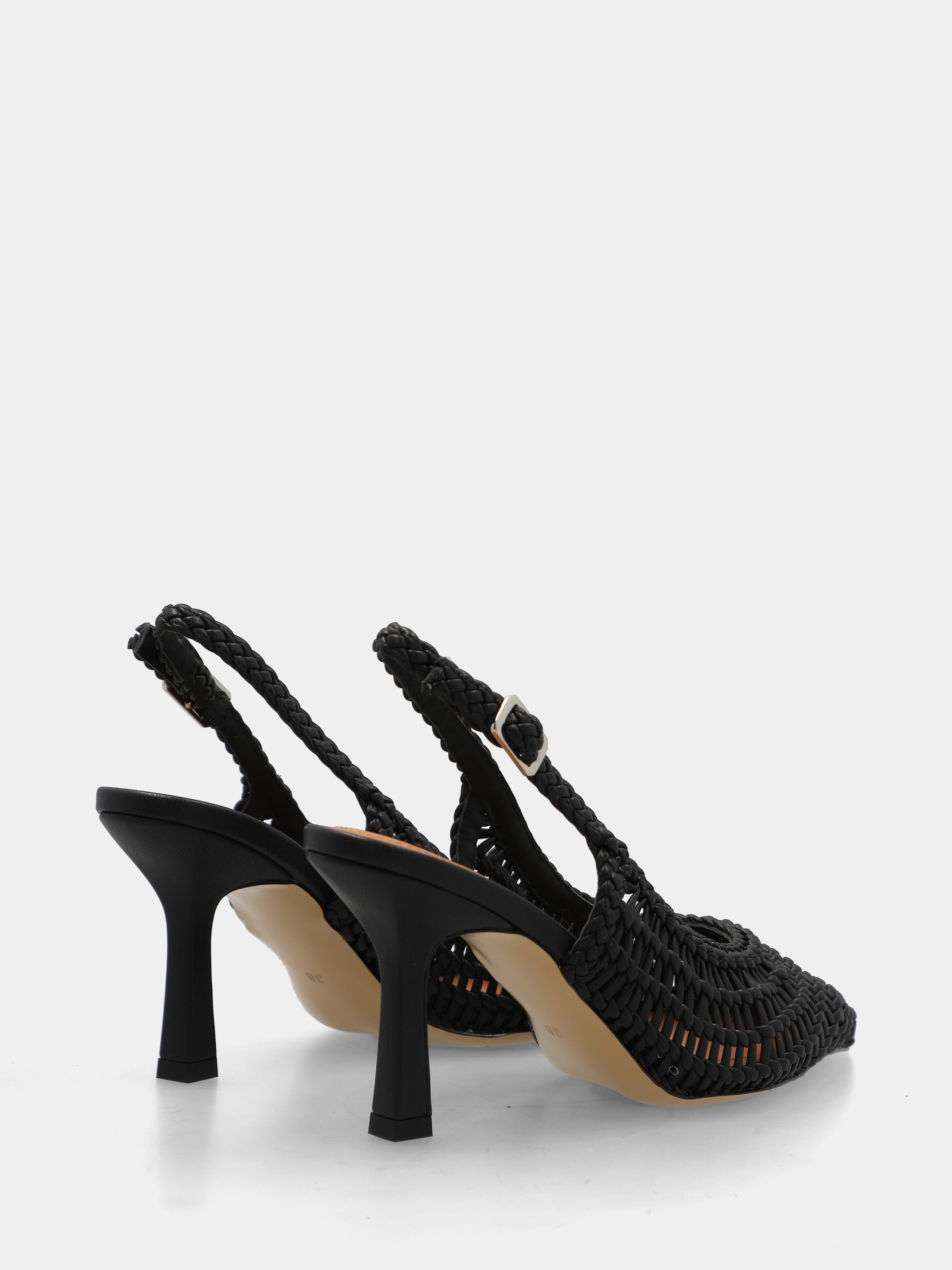 Slingback aus schwarzem Kunstleder, geflochten, mit hohlem Absatz