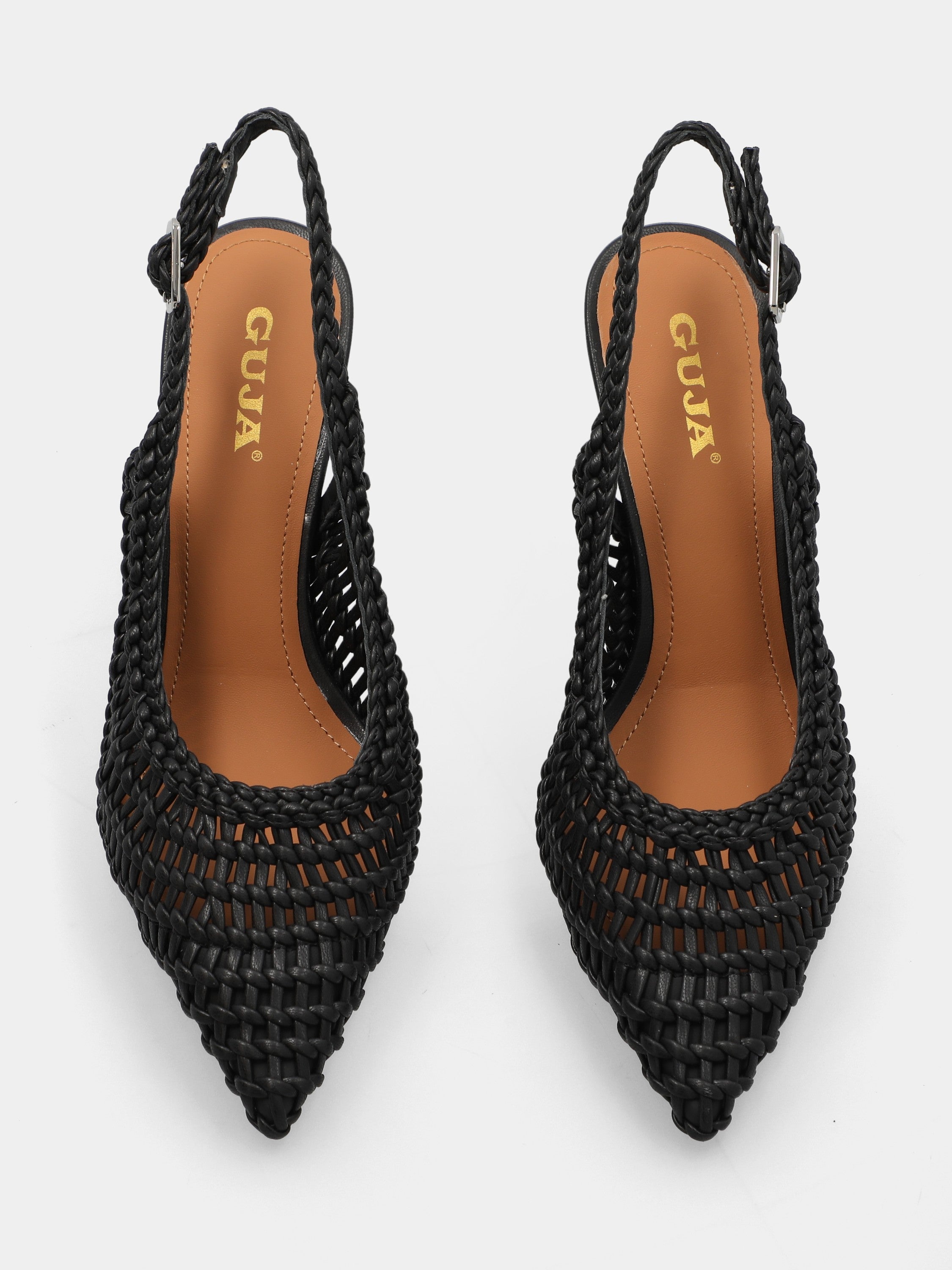 Slingback aus schwarzem Kunstleder, geflochten, mit hohlem Absatz