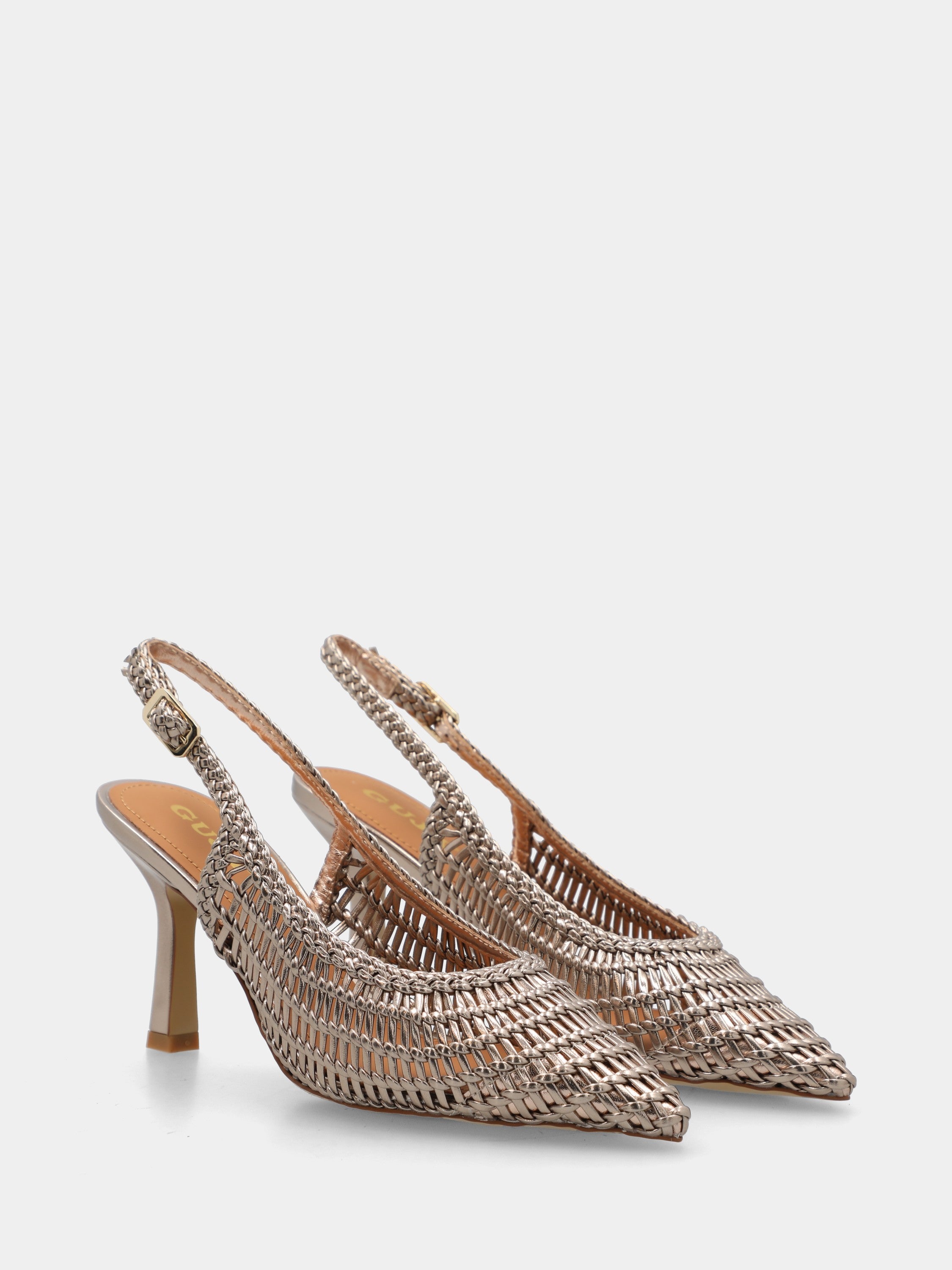 Slingback aus geflochtenem Kunstleder in Platin mit hohlem Absatz