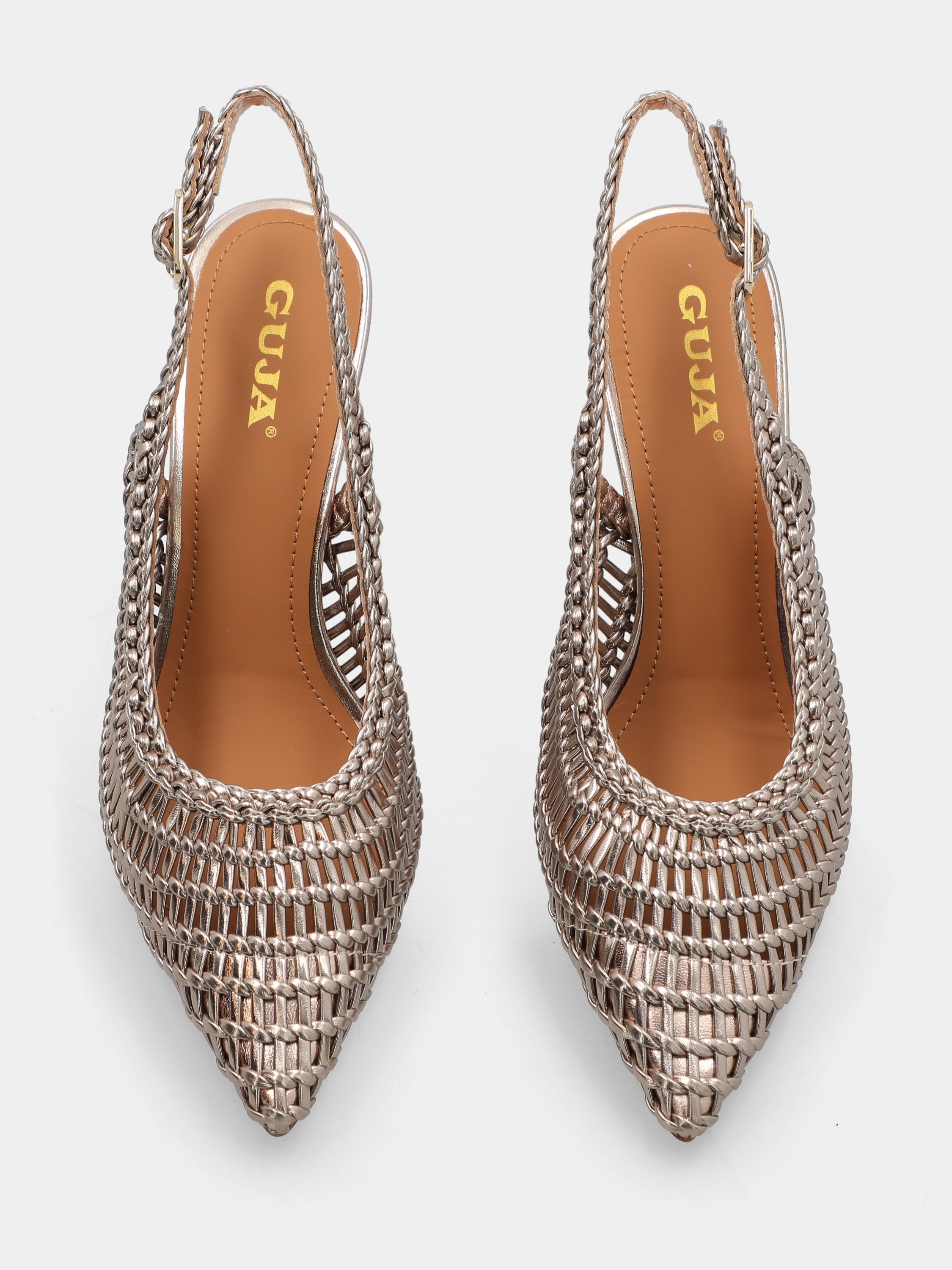Slingback aus geflochtenem Kunstleder in Platin mit hohlem Absatz