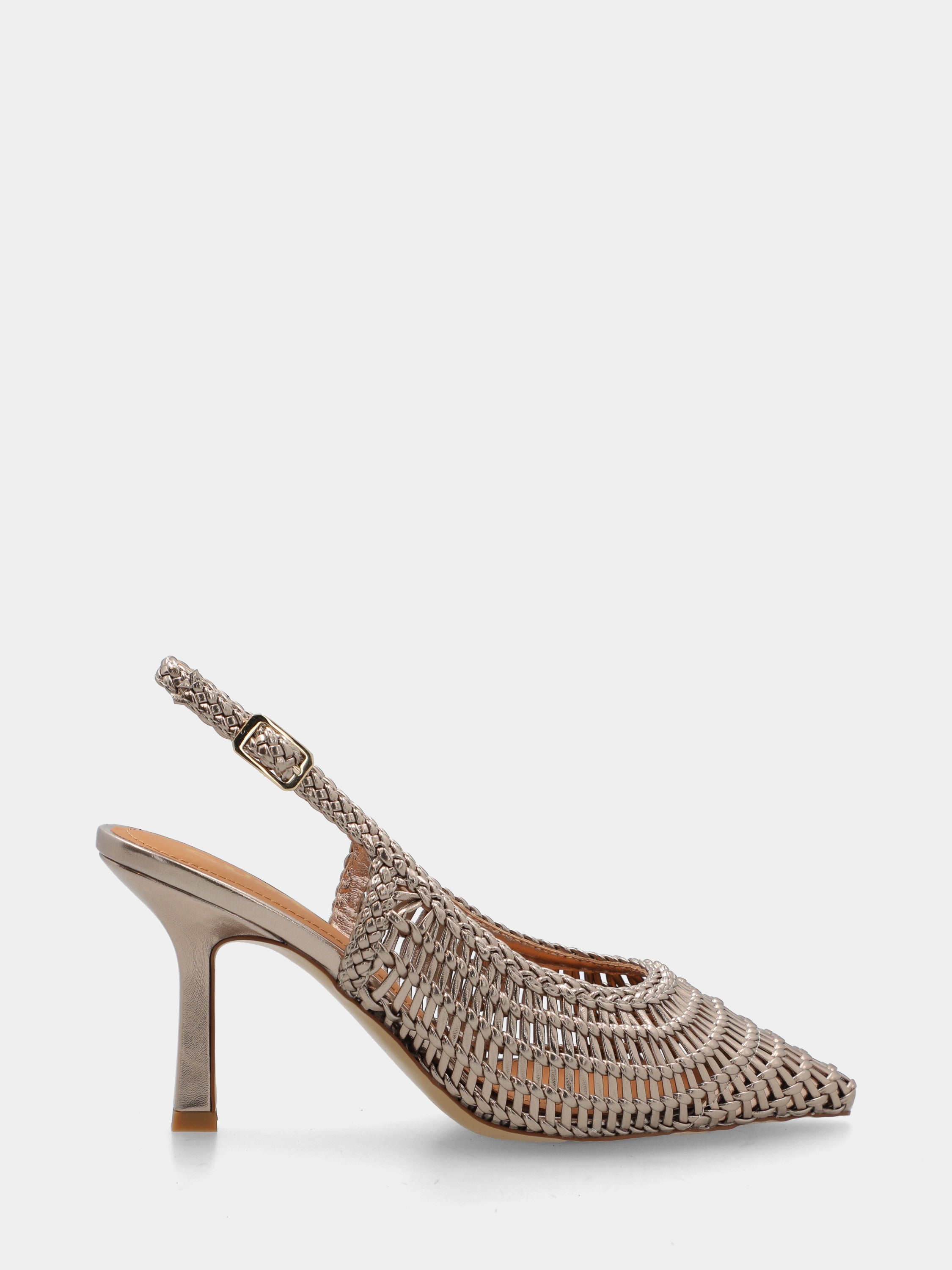 Slingback aus geflochtenem Kunstleder in Platin mit hohlem Absatz