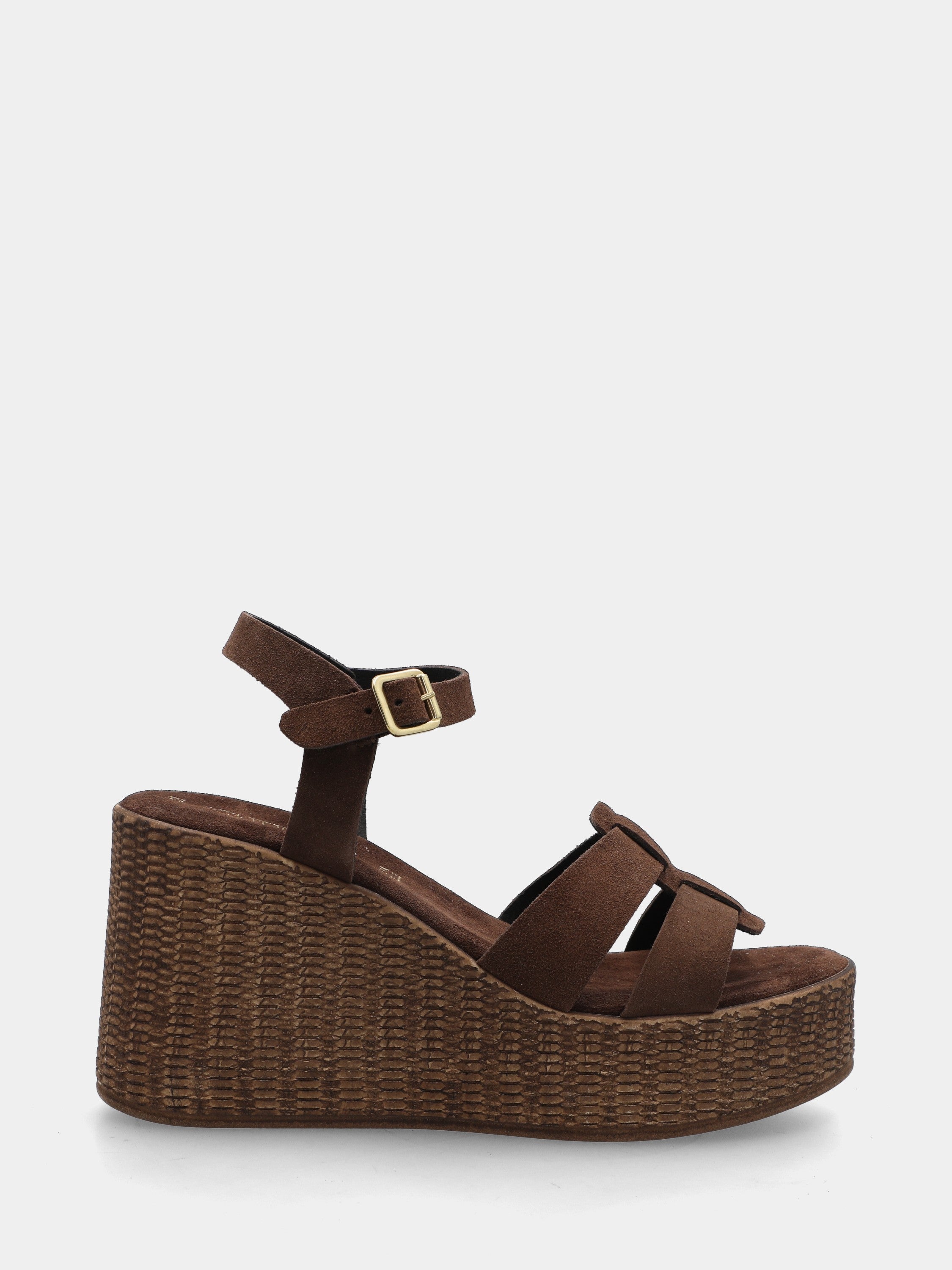 Sandalo in camoscio testa di moro su zeppa in raffia