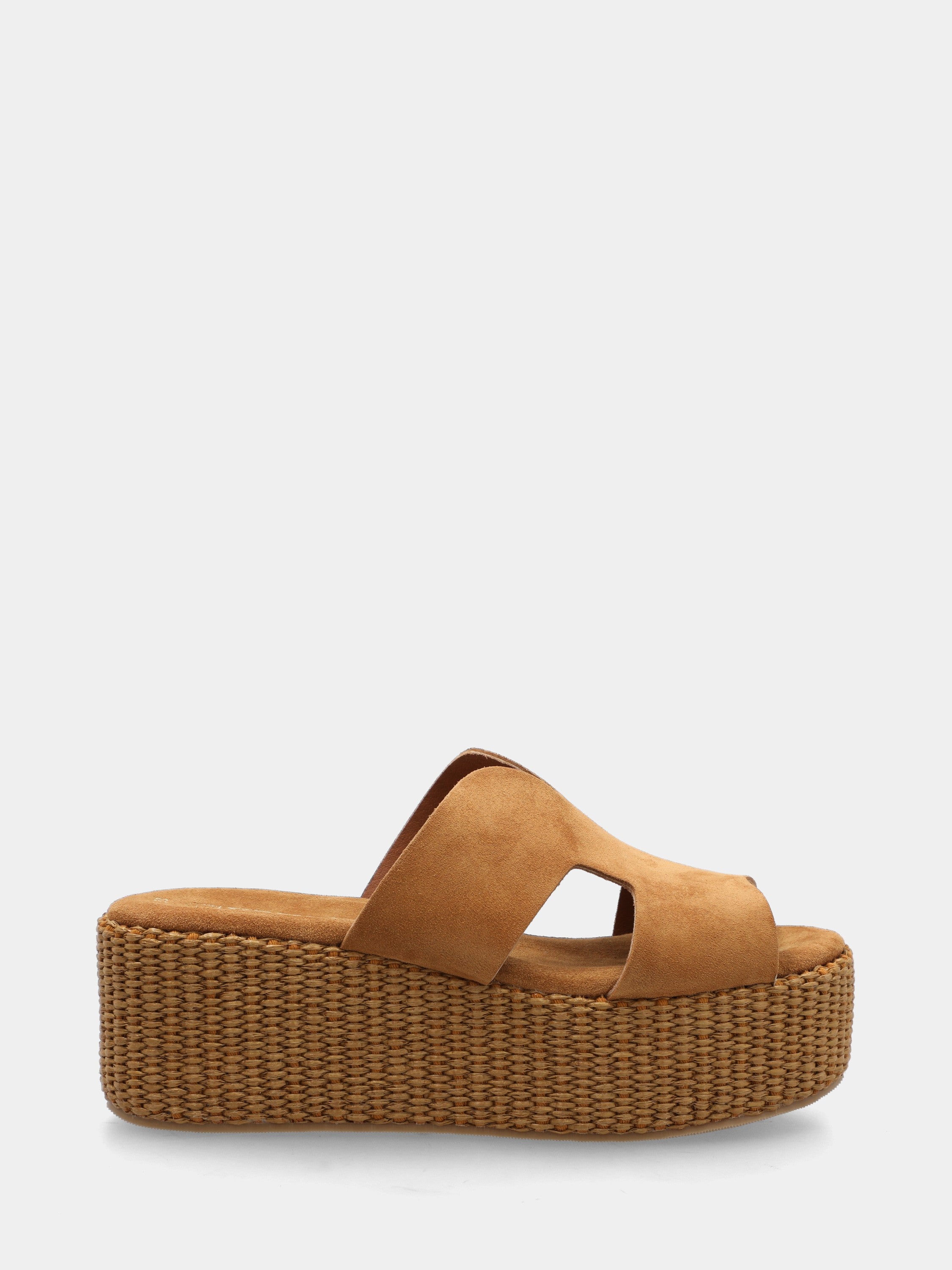 Sabot in camoscio cuoio con zeppa in raffia