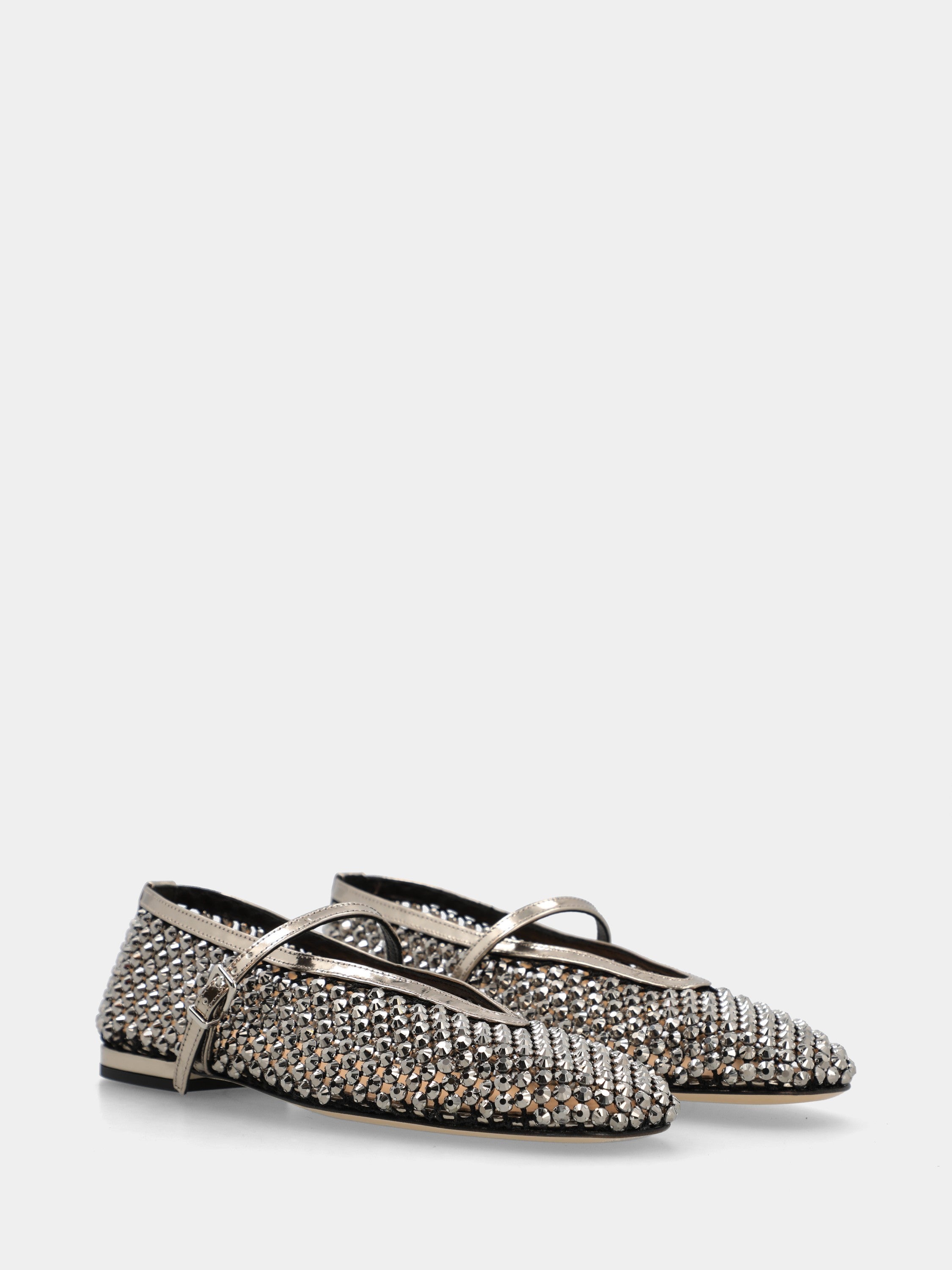 Ballet flat Mary Jane in perforated platinum laminate with crystals and round toe