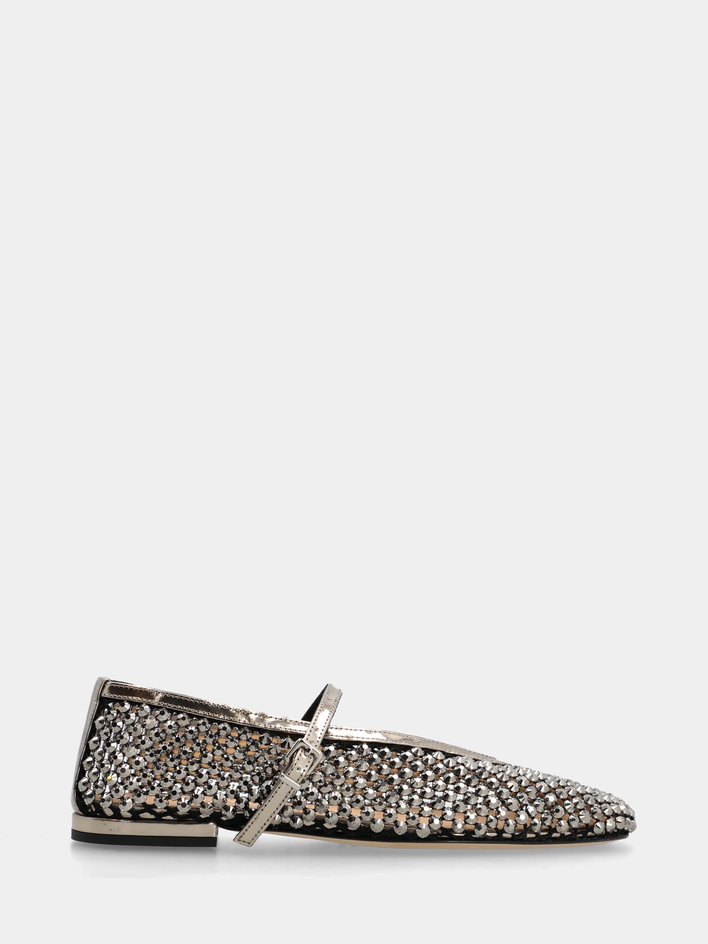 Ballet flat Mary Jane in perforated platinum laminate with crystals and round toe