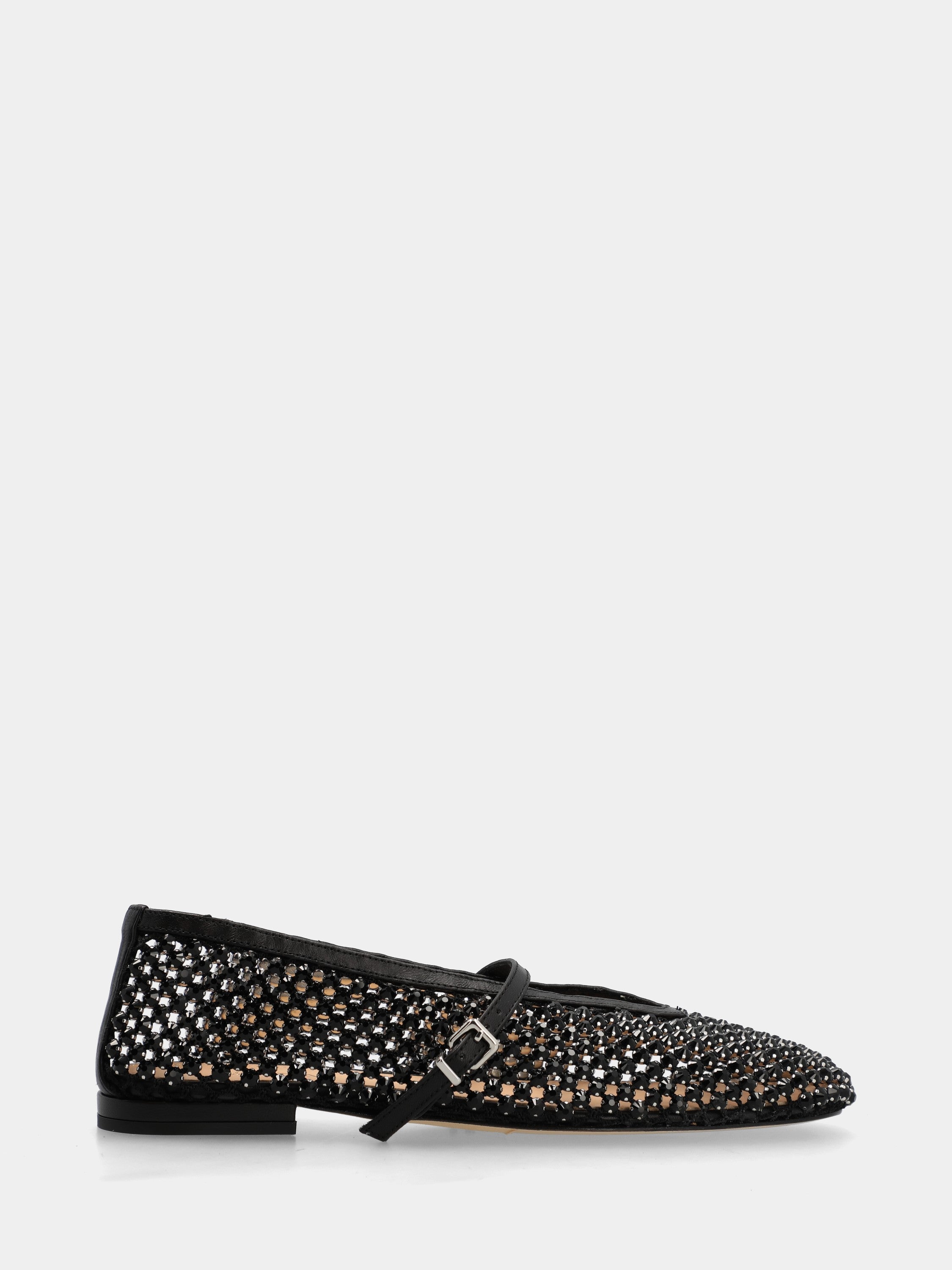 Ballet flat Mary Jane in perforated black nappa with crystals and round toe