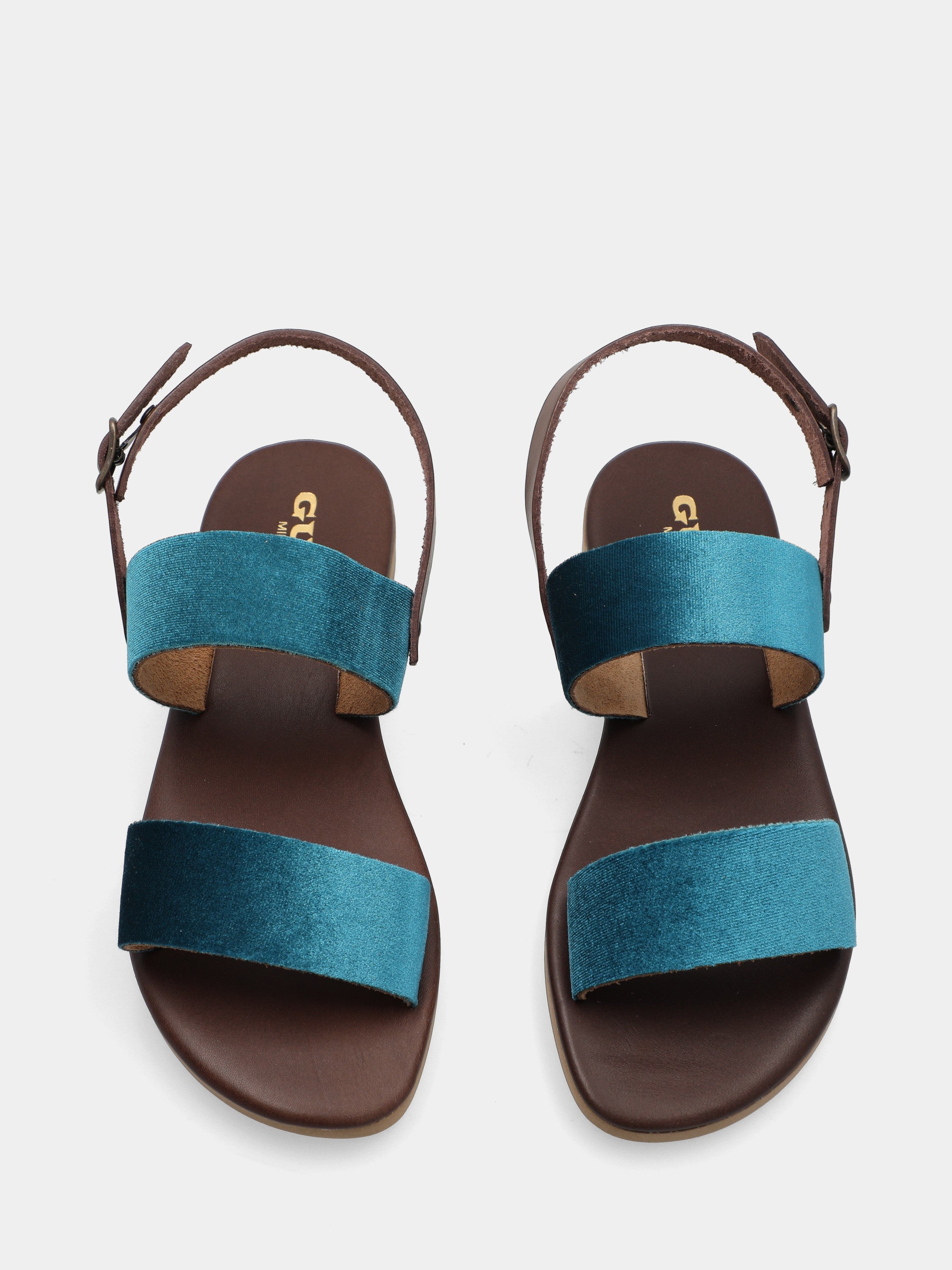 Sandalo in velluto blu con fasce parallele