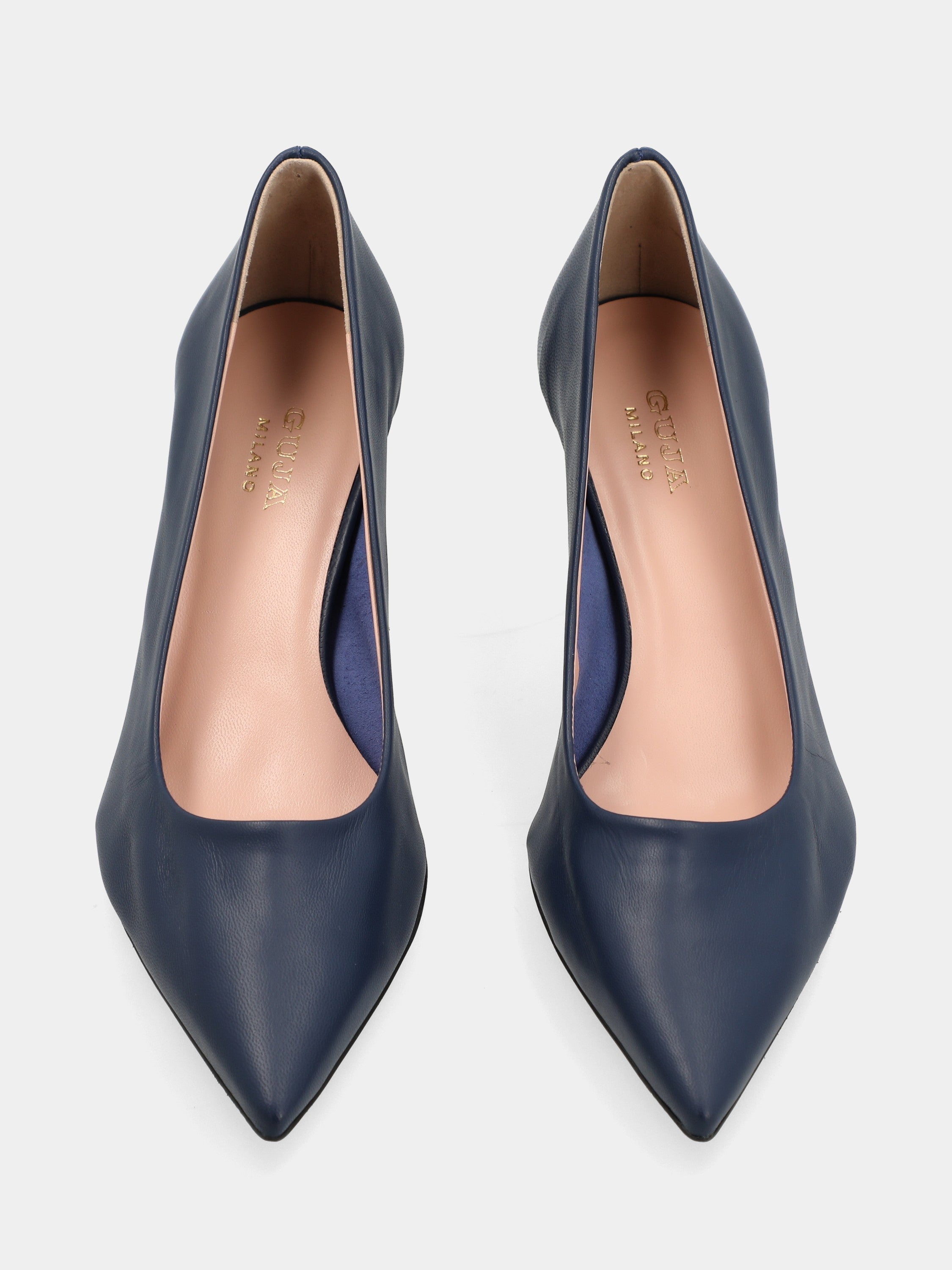 Pumps aus blauem Nappaleder mit Spulabsatz in Schwanzform
