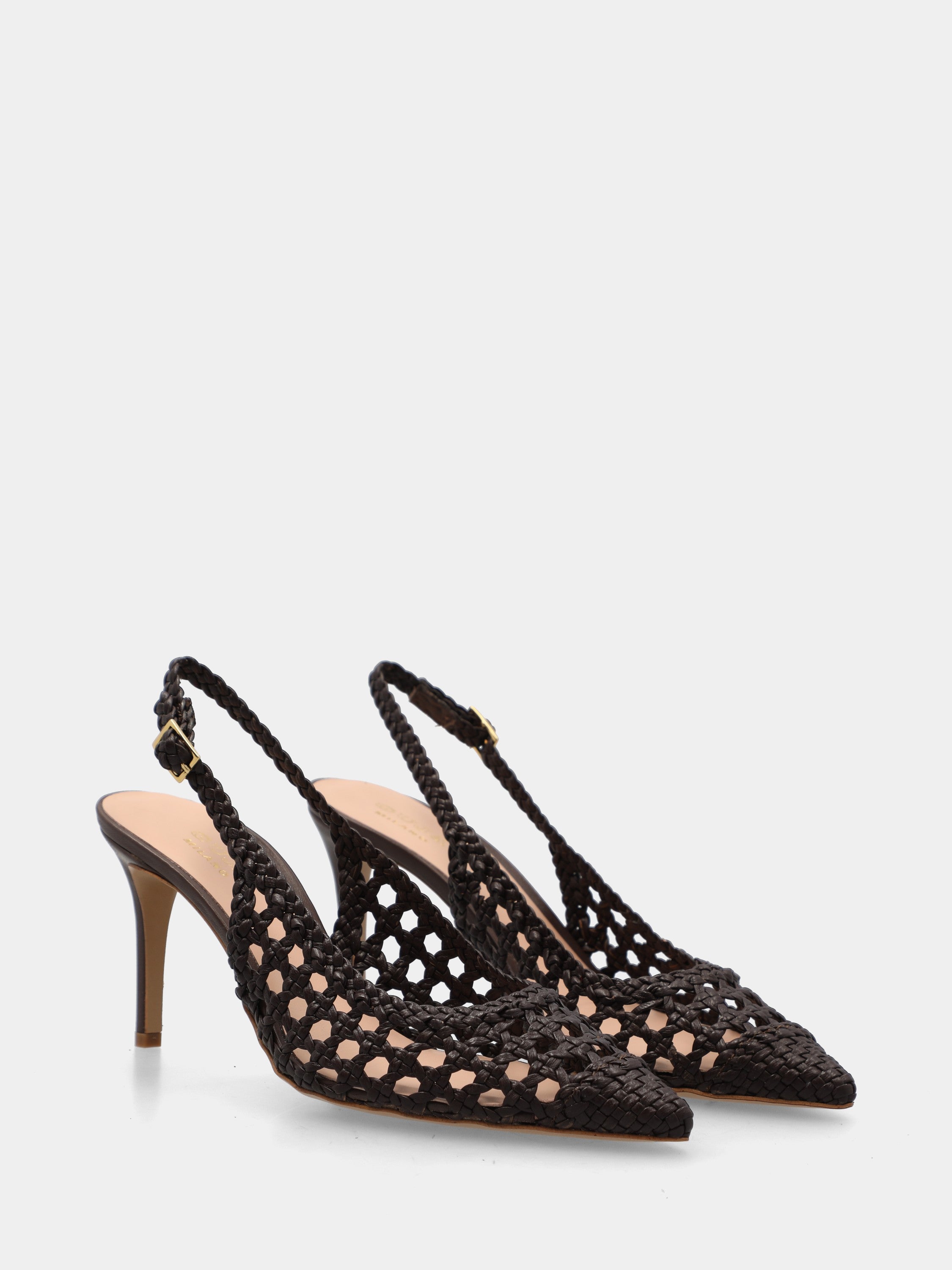 Slingback in nappa testa di moro intrecciata e traforata