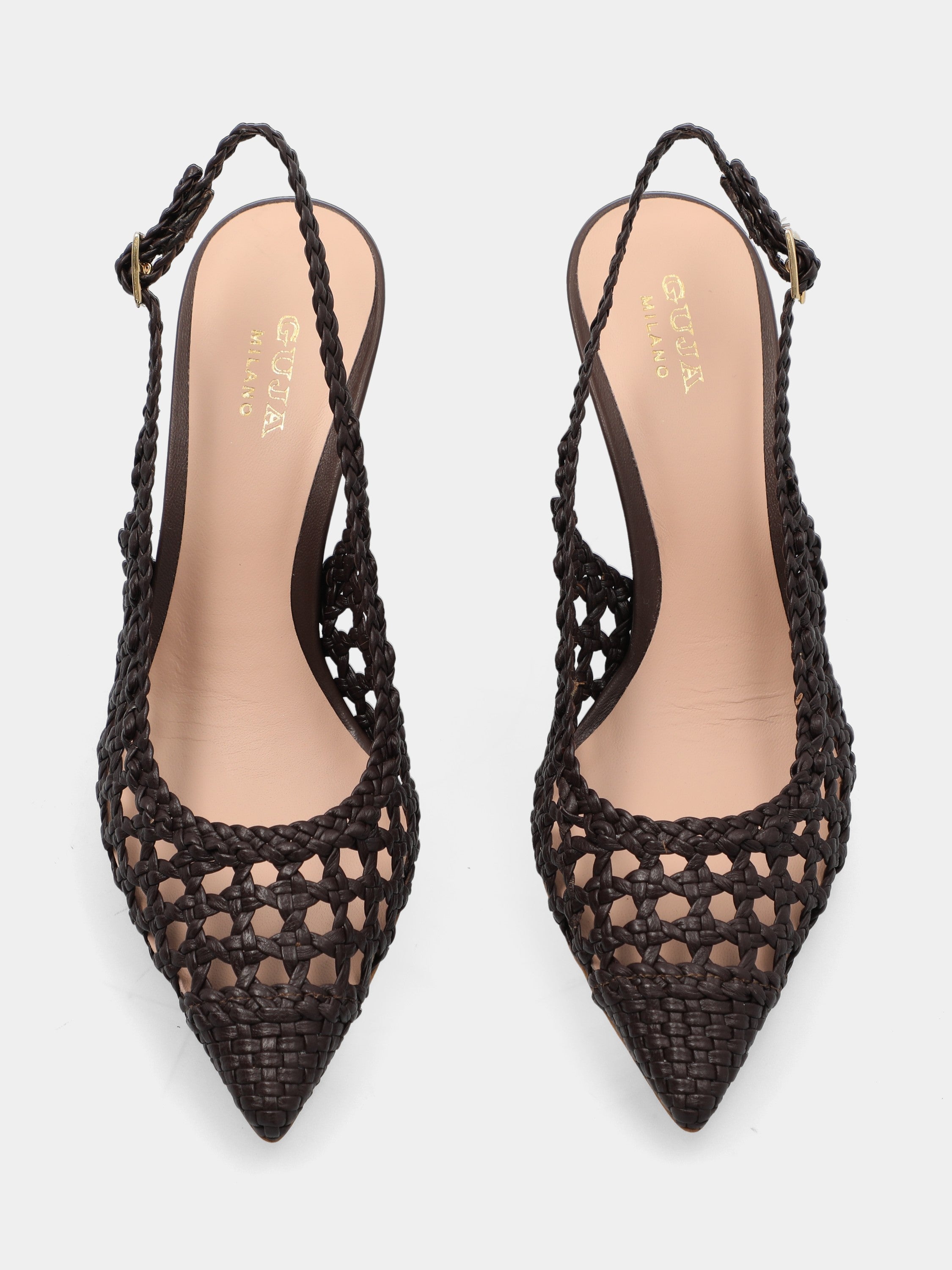 Slingback in nappa testa di moro intrecciata e traforata