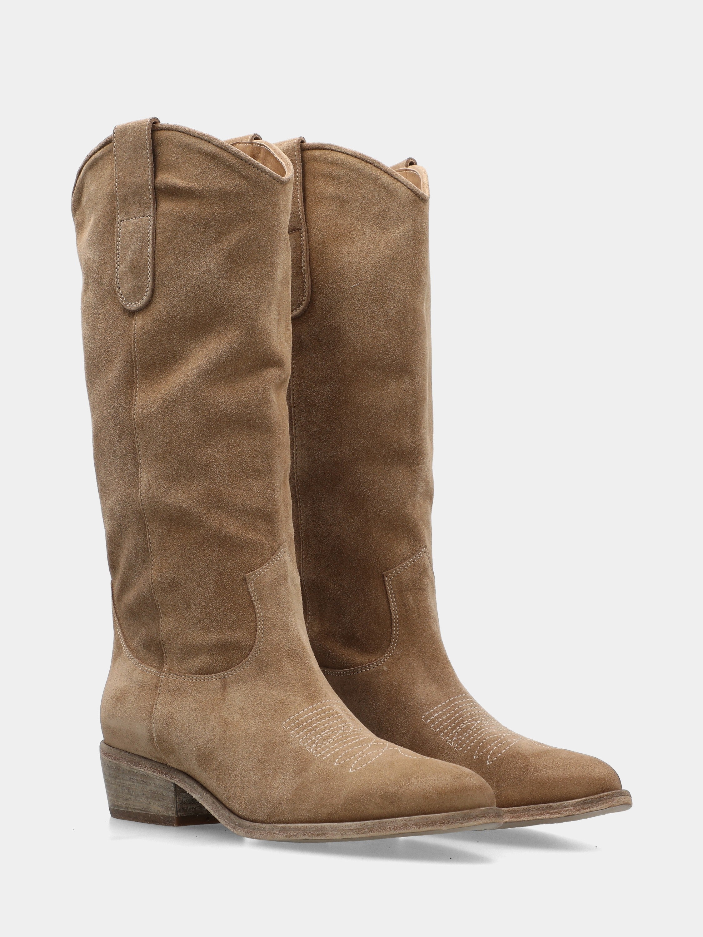 Cowboystiefel aus beigem Velours mit Stickerei auf der Sohle