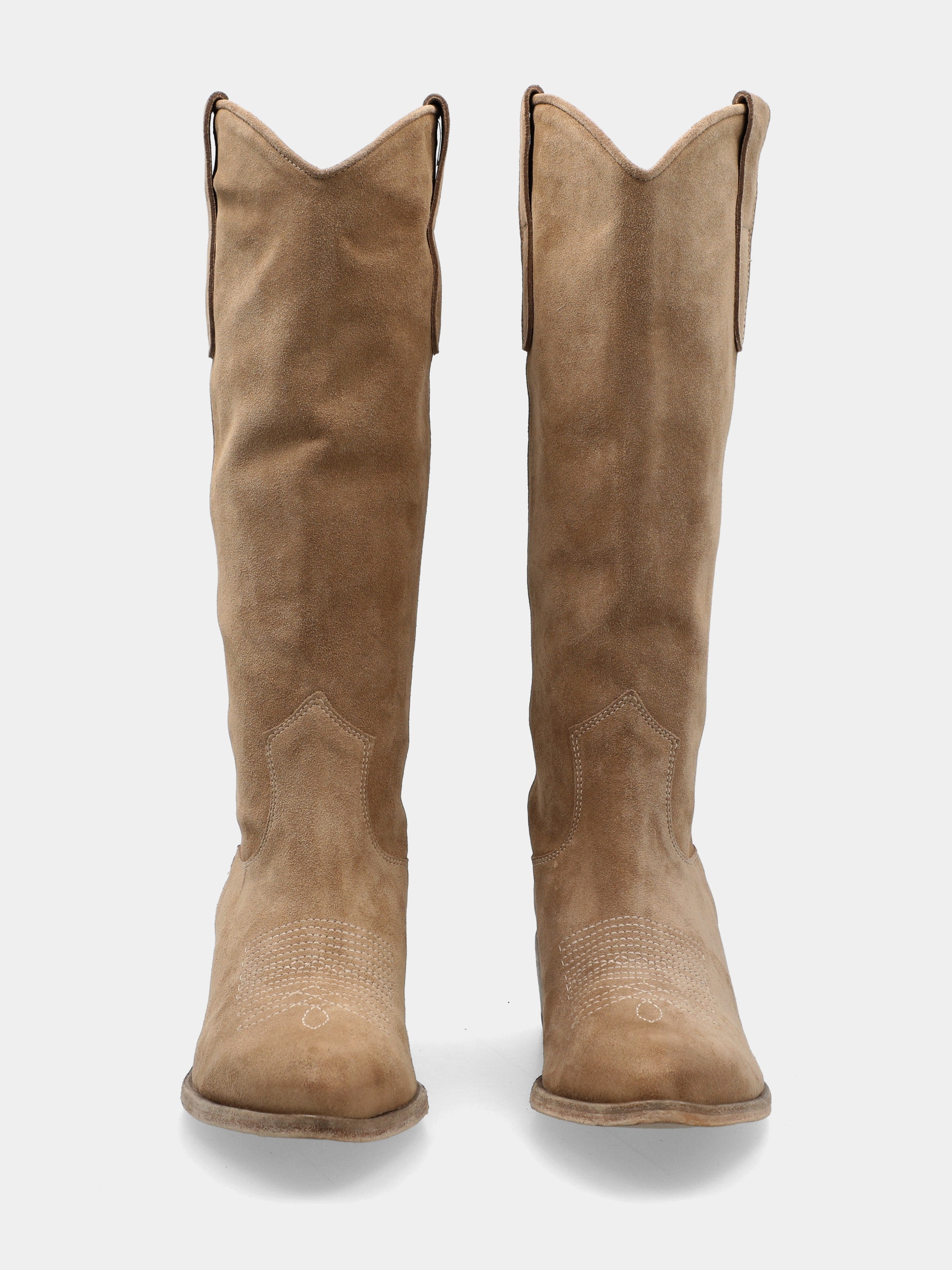 Cowboystiefel aus beigem Velours mit Stickerei auf der Sohle