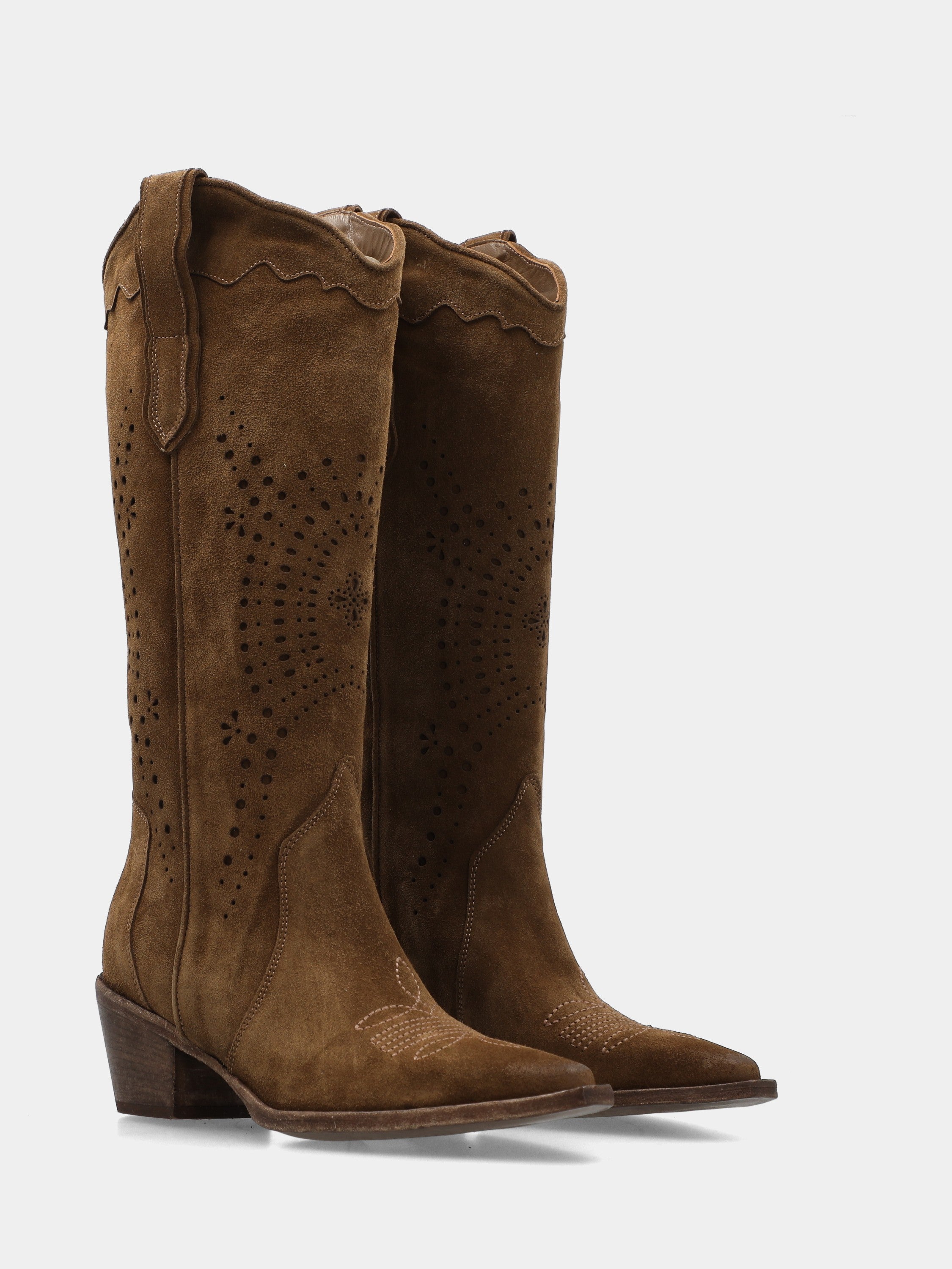 Brown velour Western boots with embroidery on sole