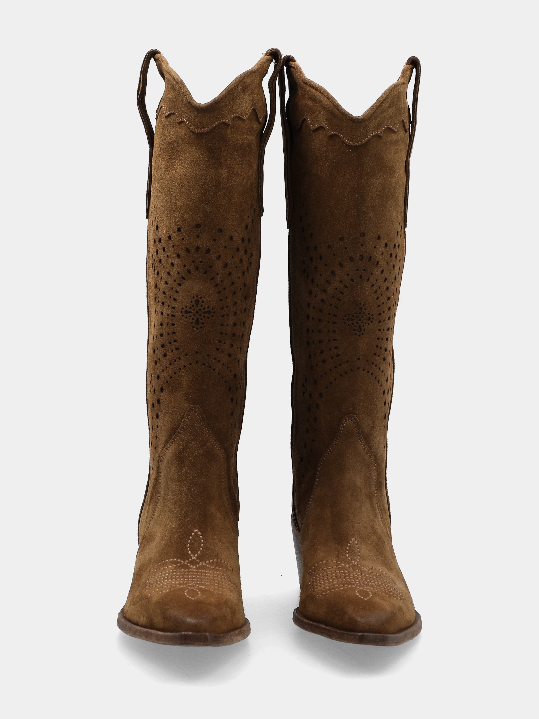 Brown velour Western boots with embroidery on sole