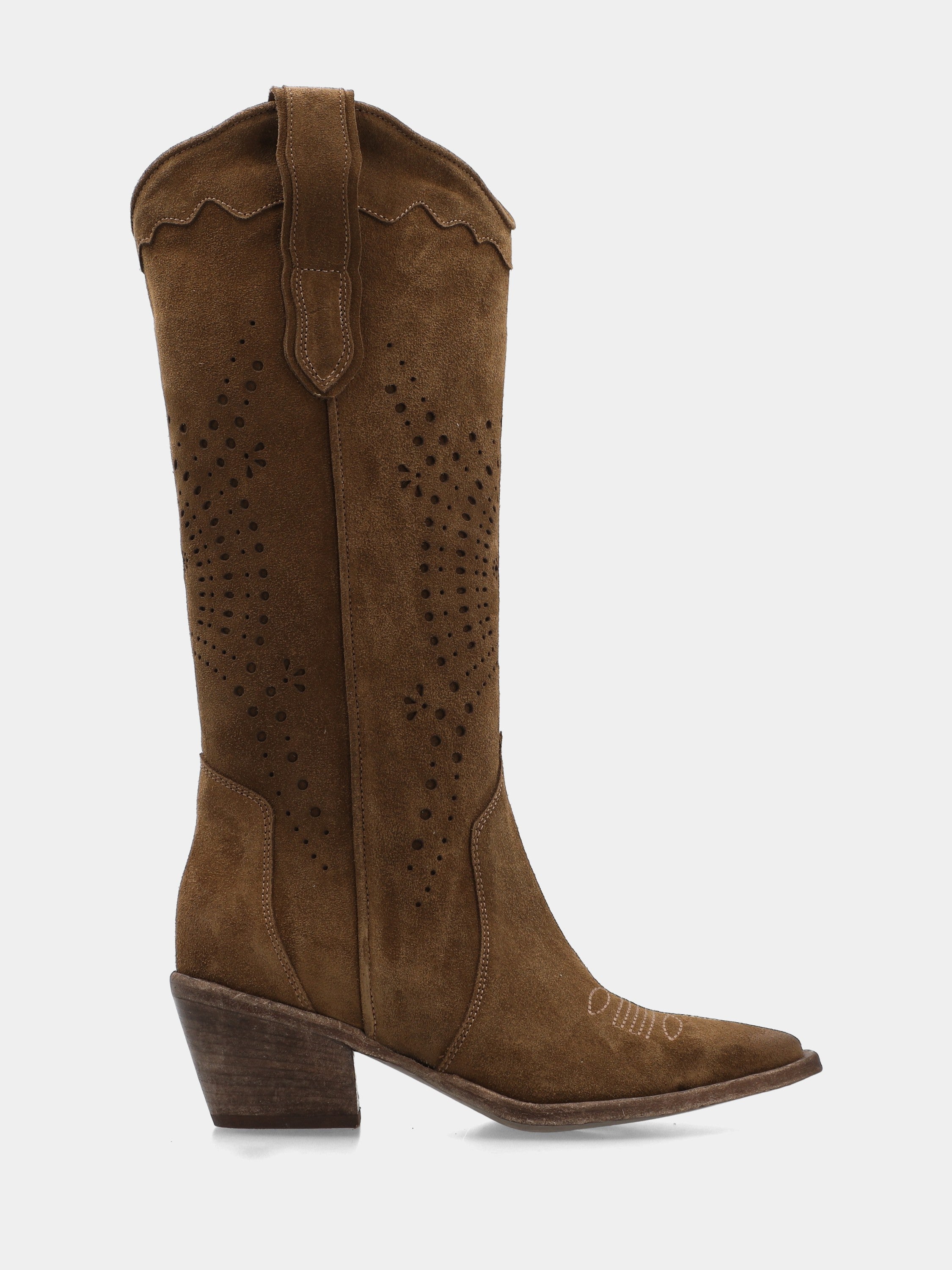 Brown velour Western boots with embroidery on sole