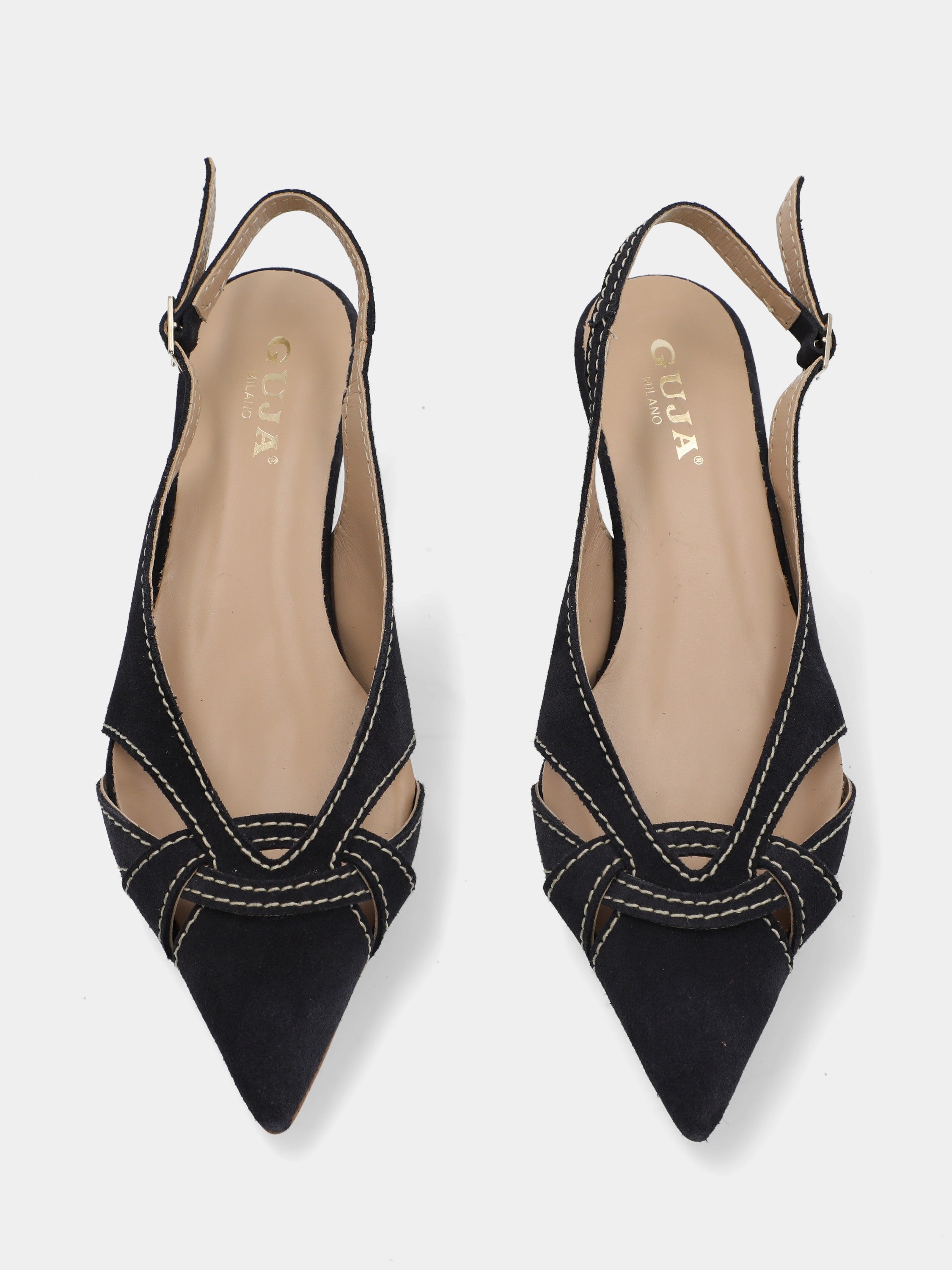 Slingback in camoscio blu con punta intrecciata