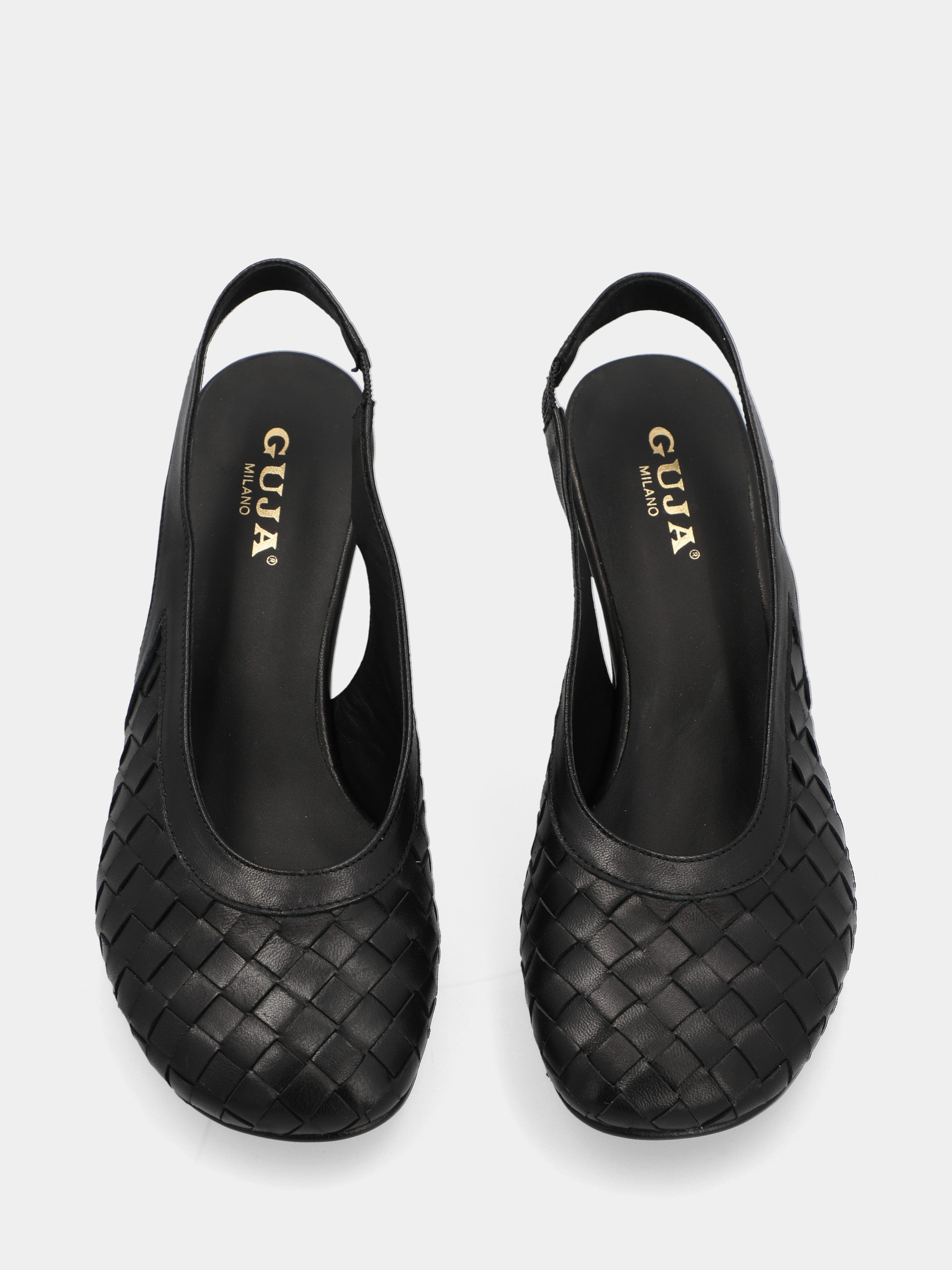 Slingback en veau noir tressé avec talon large en forme de queue