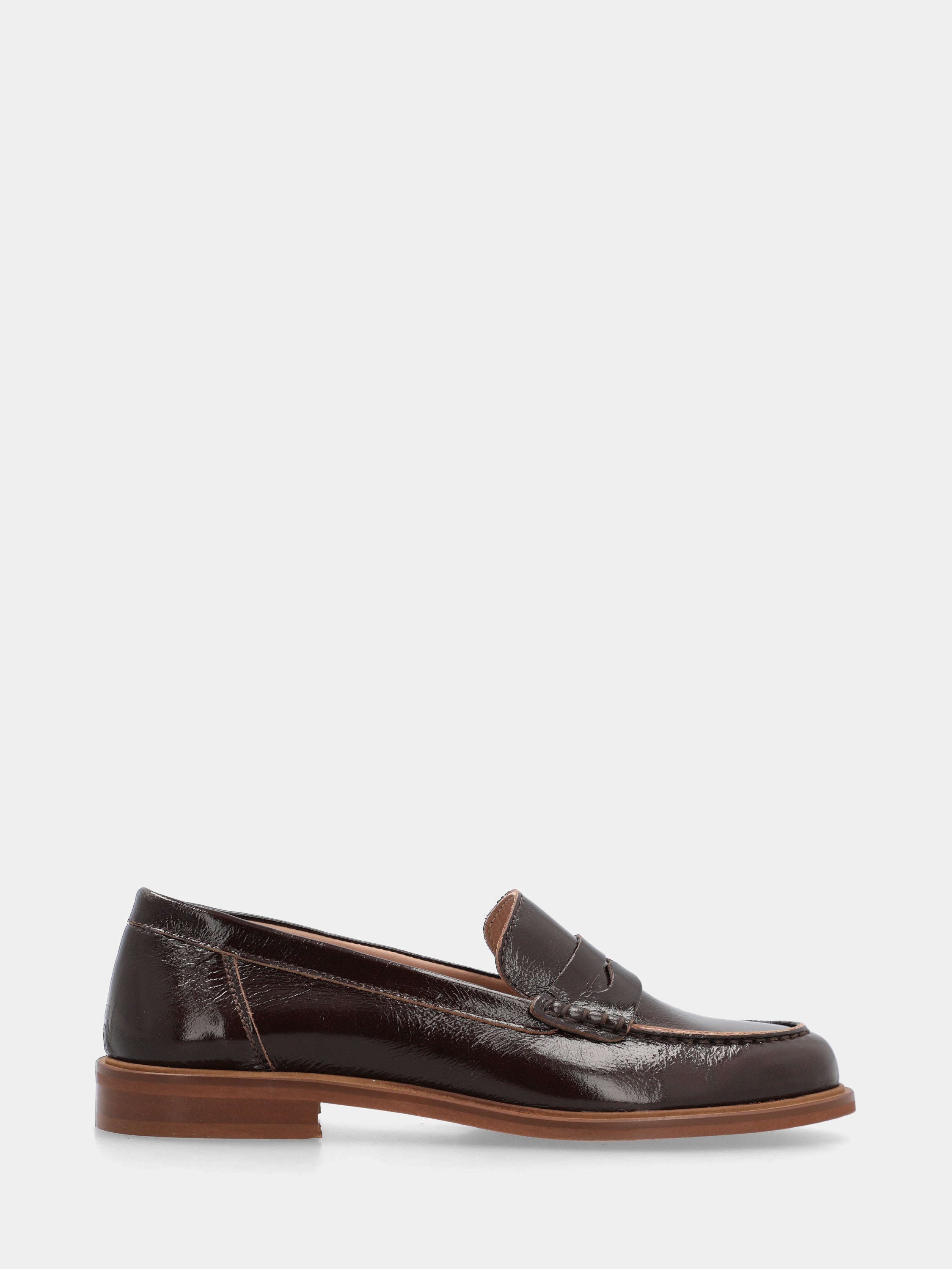 Dark brown patent leather loafer with lion mouth mask detail