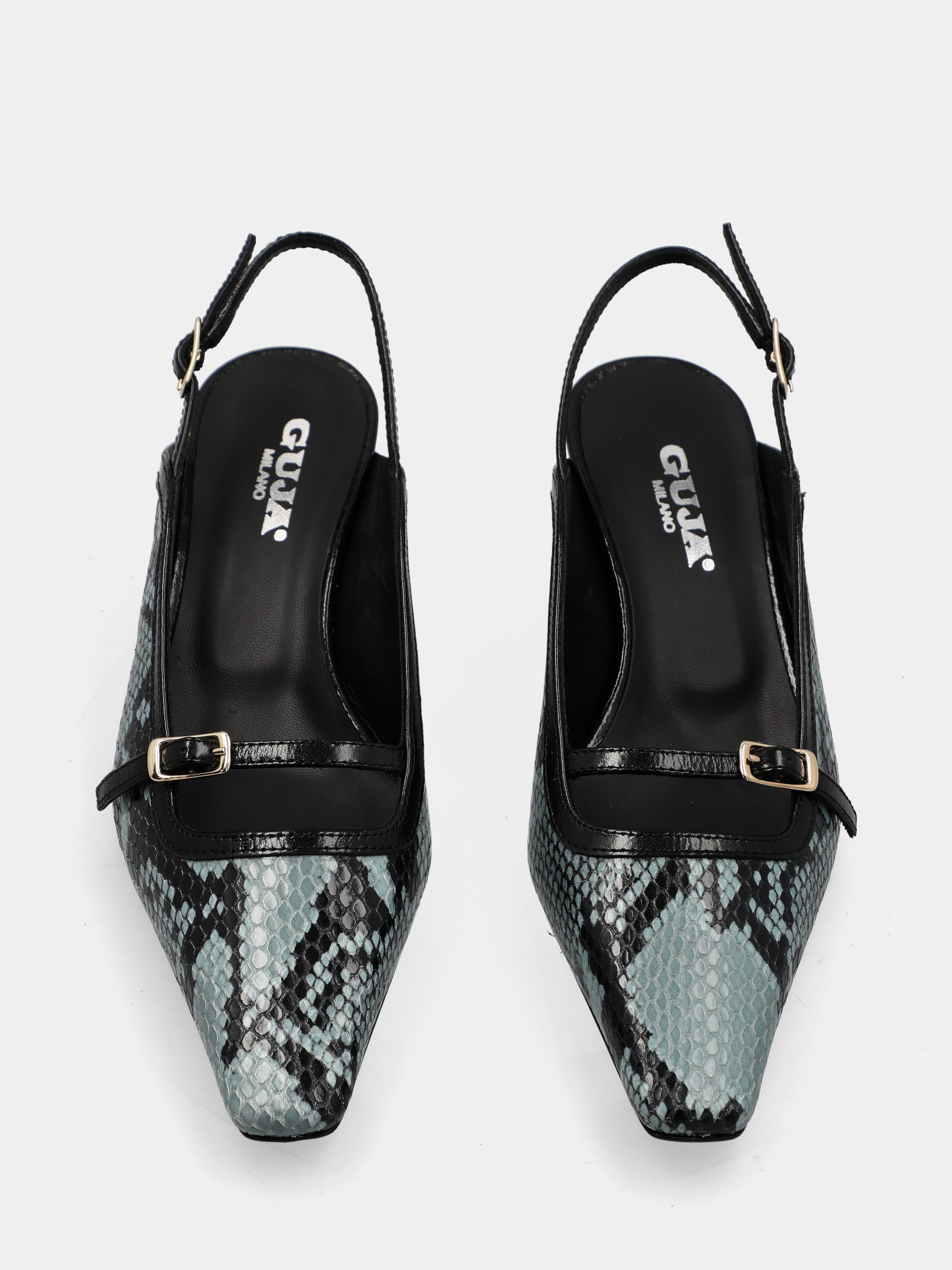 Slingback aus türkisfarbenem, pythongeprägtem Kalbsleder mit Kelchabsatz