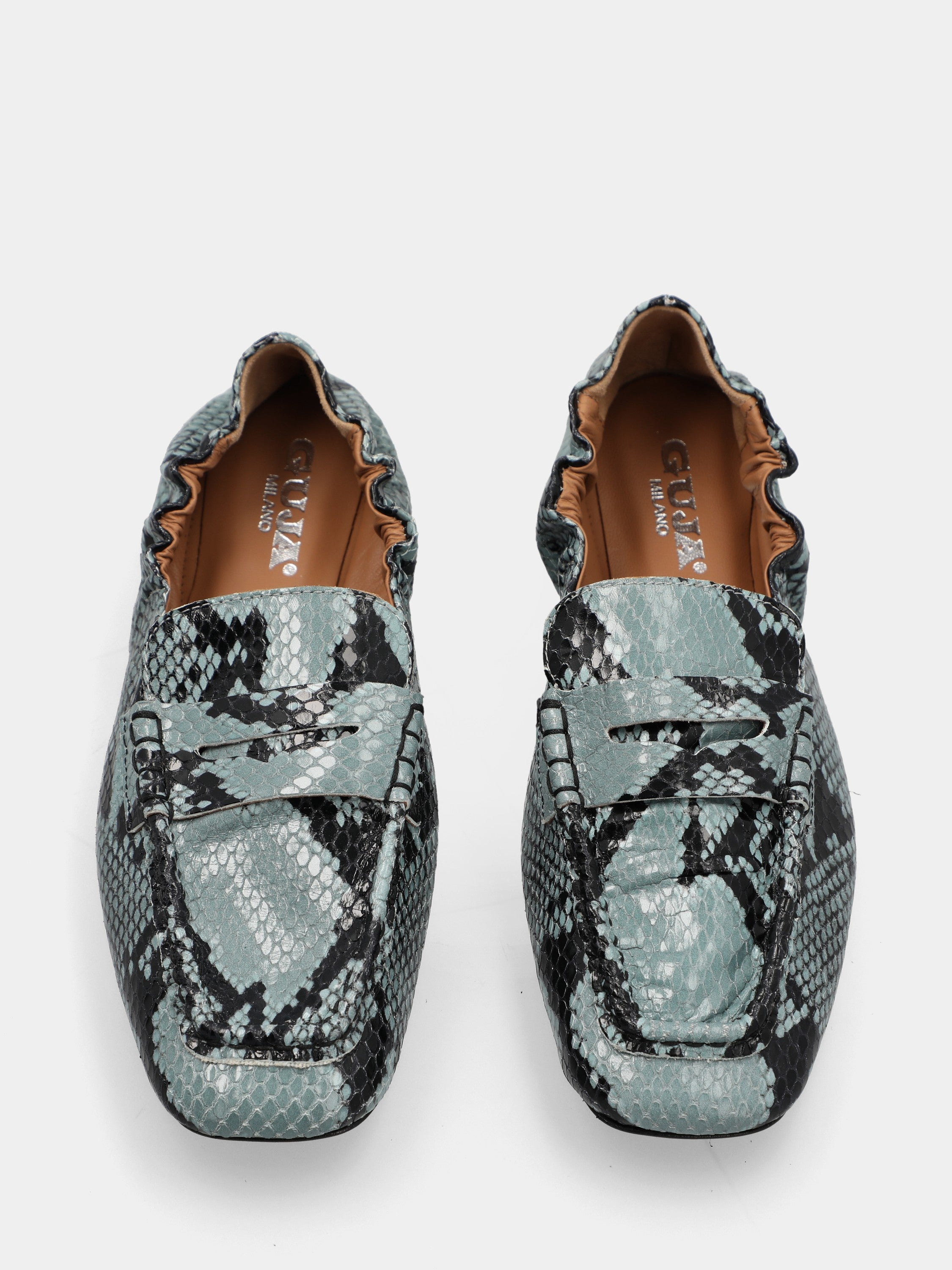 Mocassin en veau python turquoise avec construction sacchetto