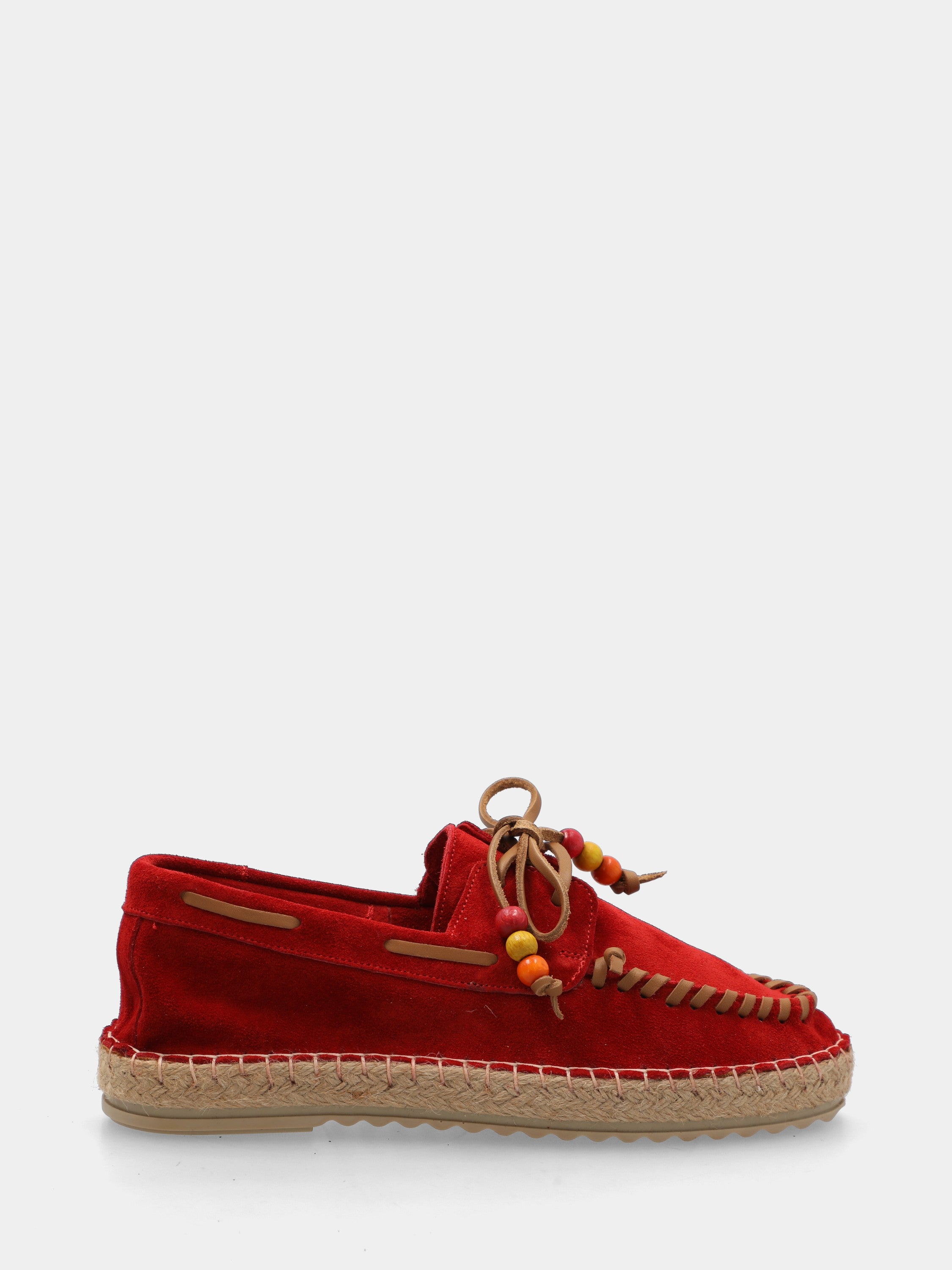 Red velour moccasin with rope wedge heel