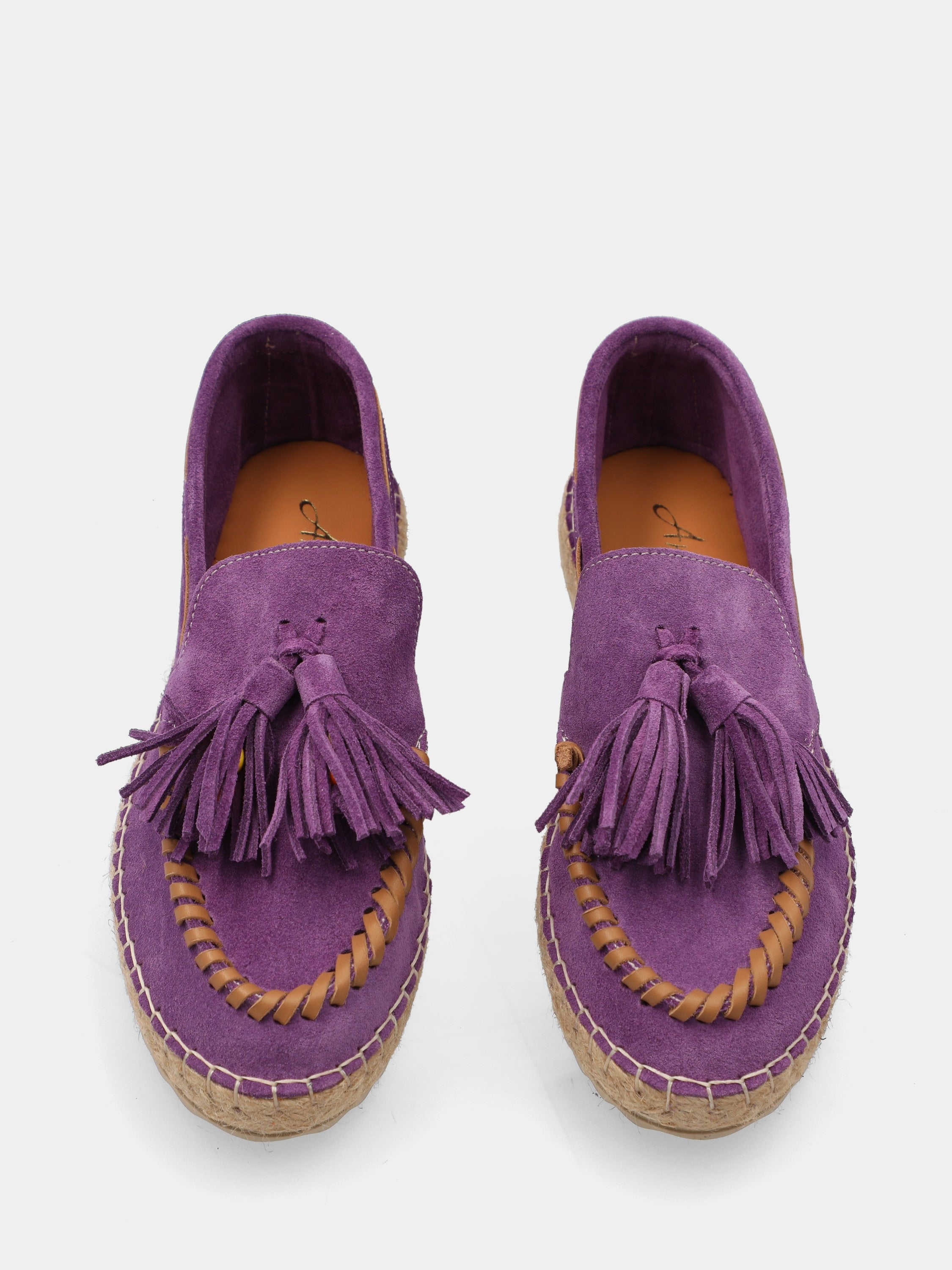 Mocassino in velour viola con zeppa in corda
