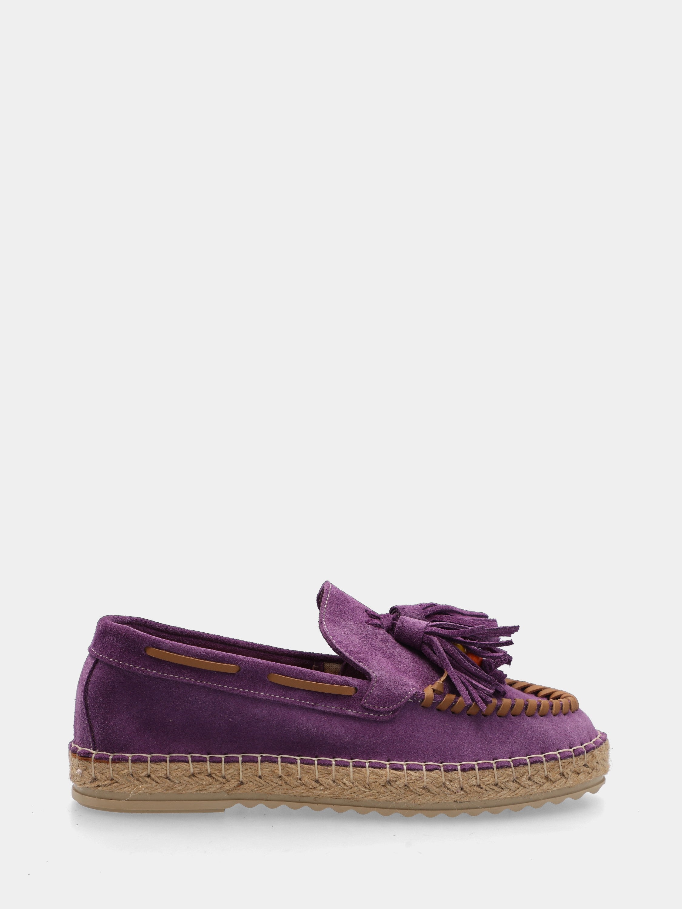 Mocassino in velour viola con zeppa in corda