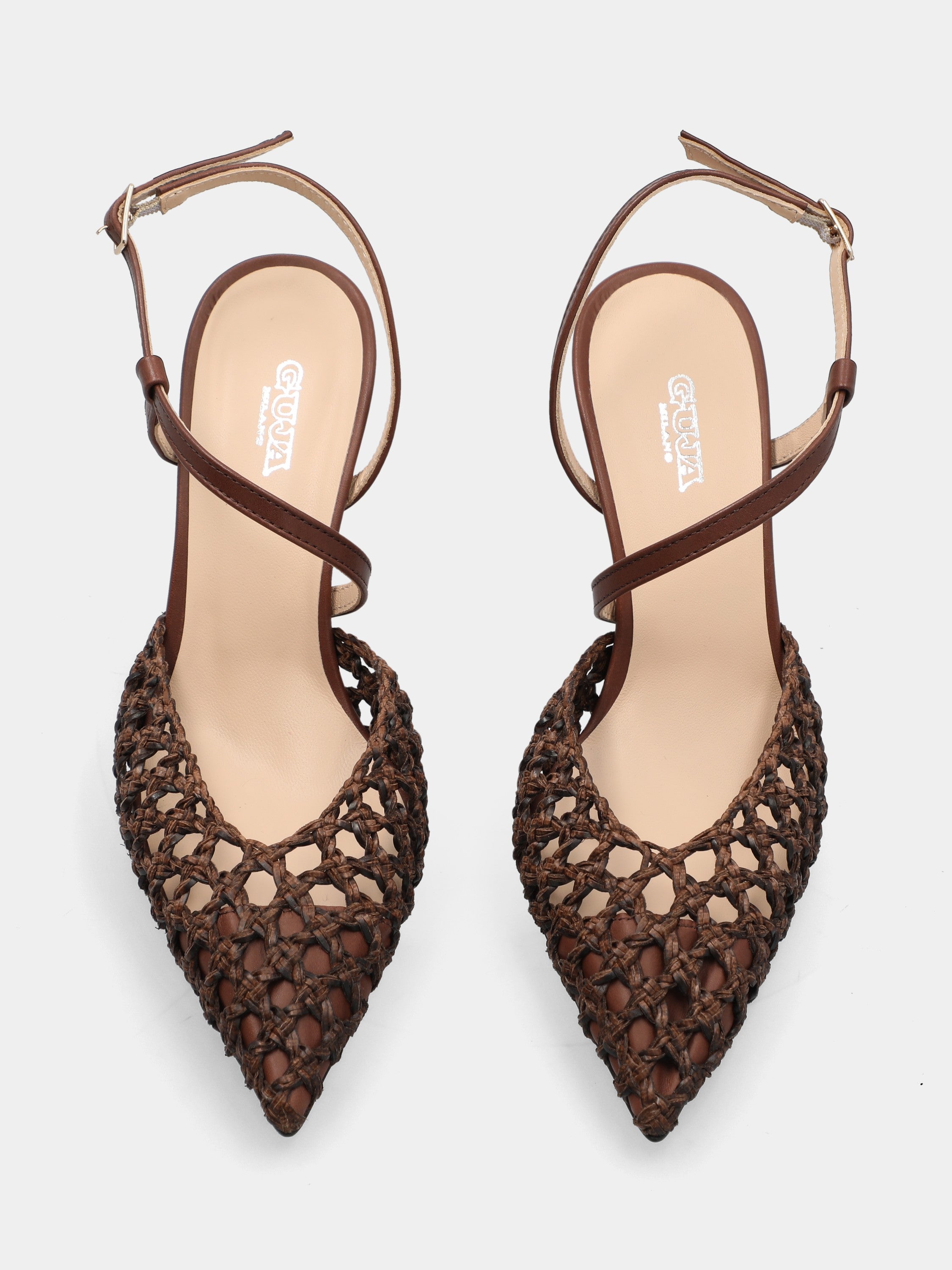 Slingback in rafia marrone intrecciata con tacco incavato