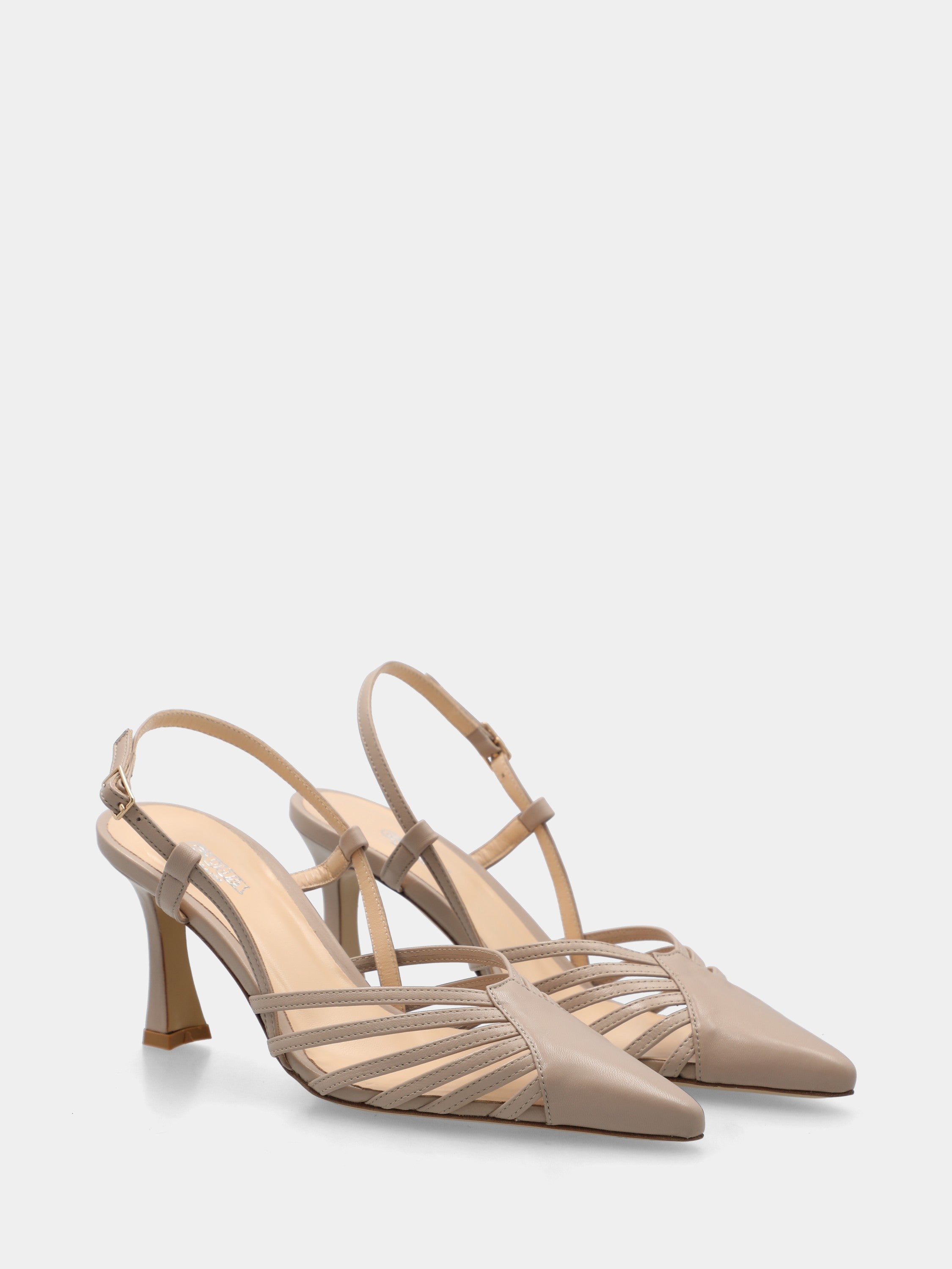 Slingback in nappa taupe con listini incrociati e tacco 70mm